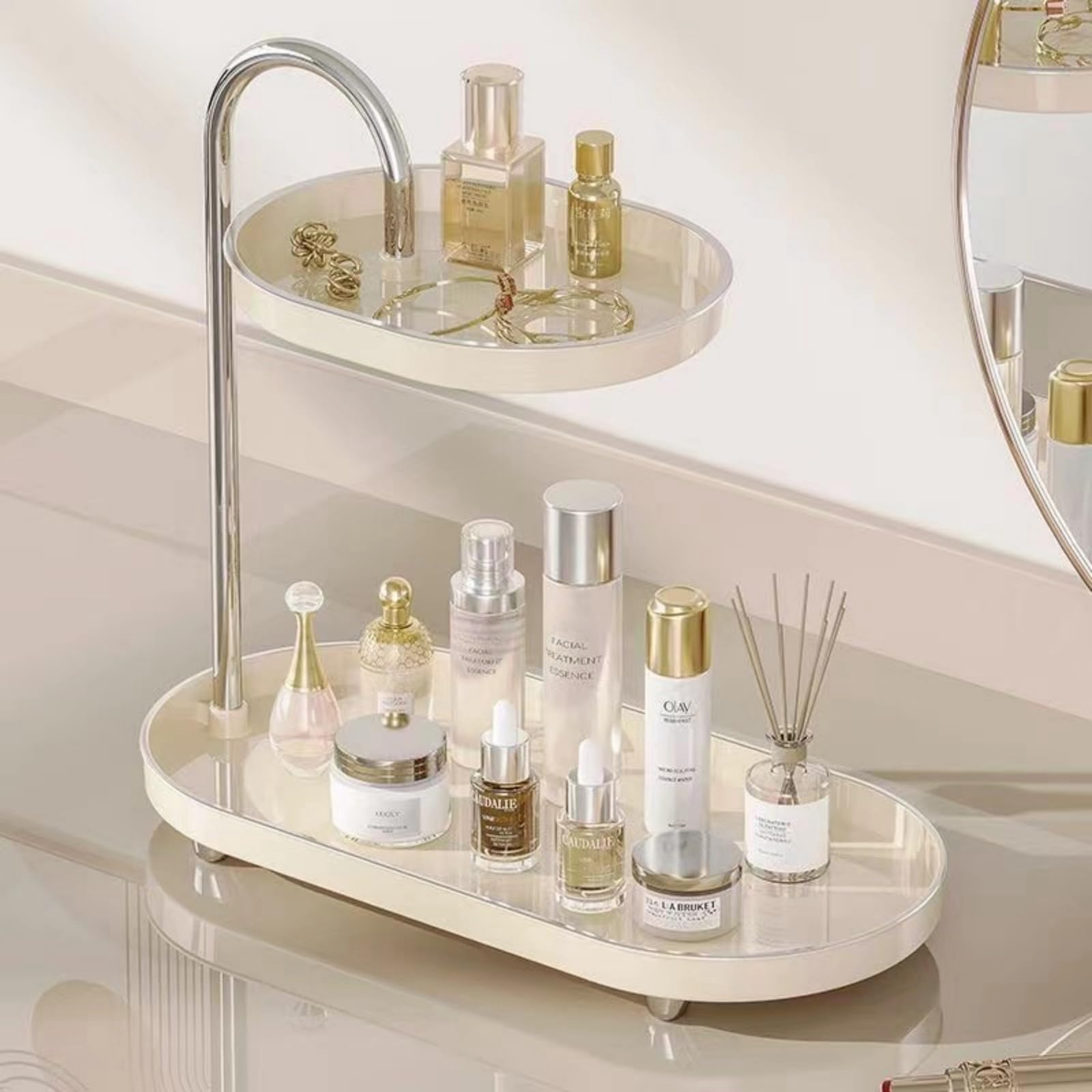 Bathroom Sink Vanity Trays,Small Countertop Makeup Organizer,Skincare Storage Rack,Soap Dispenser/Sponge Holder Soap Dish,Kitchen Sink Tray (Cream)