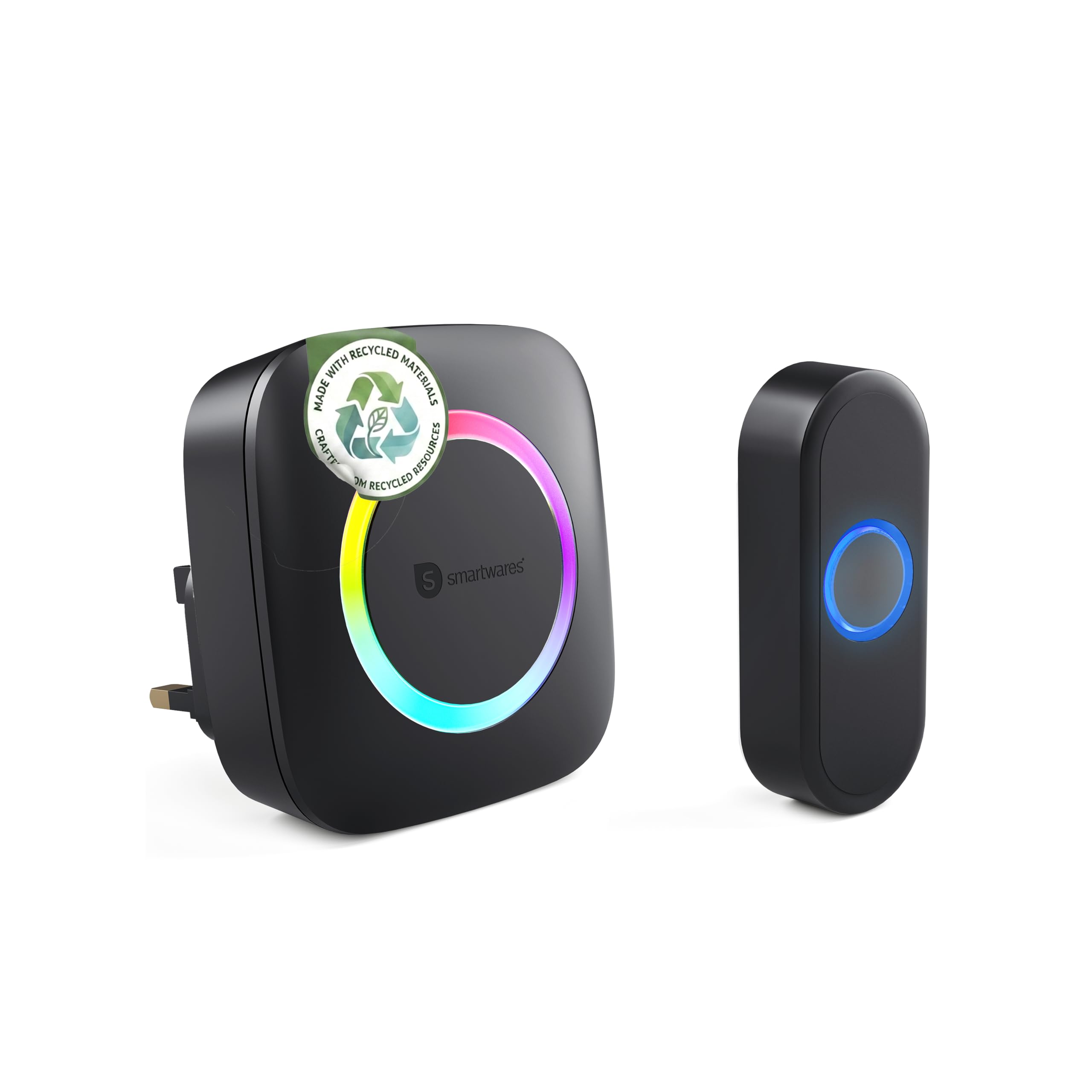 Smartwares Wireless doorbell Set - Plug-in Chime and Push Button - 300 m Range - 36 melodies - LED Ring - 85 dB - 4 Sound Level & Mute Function - Black - PD-4926