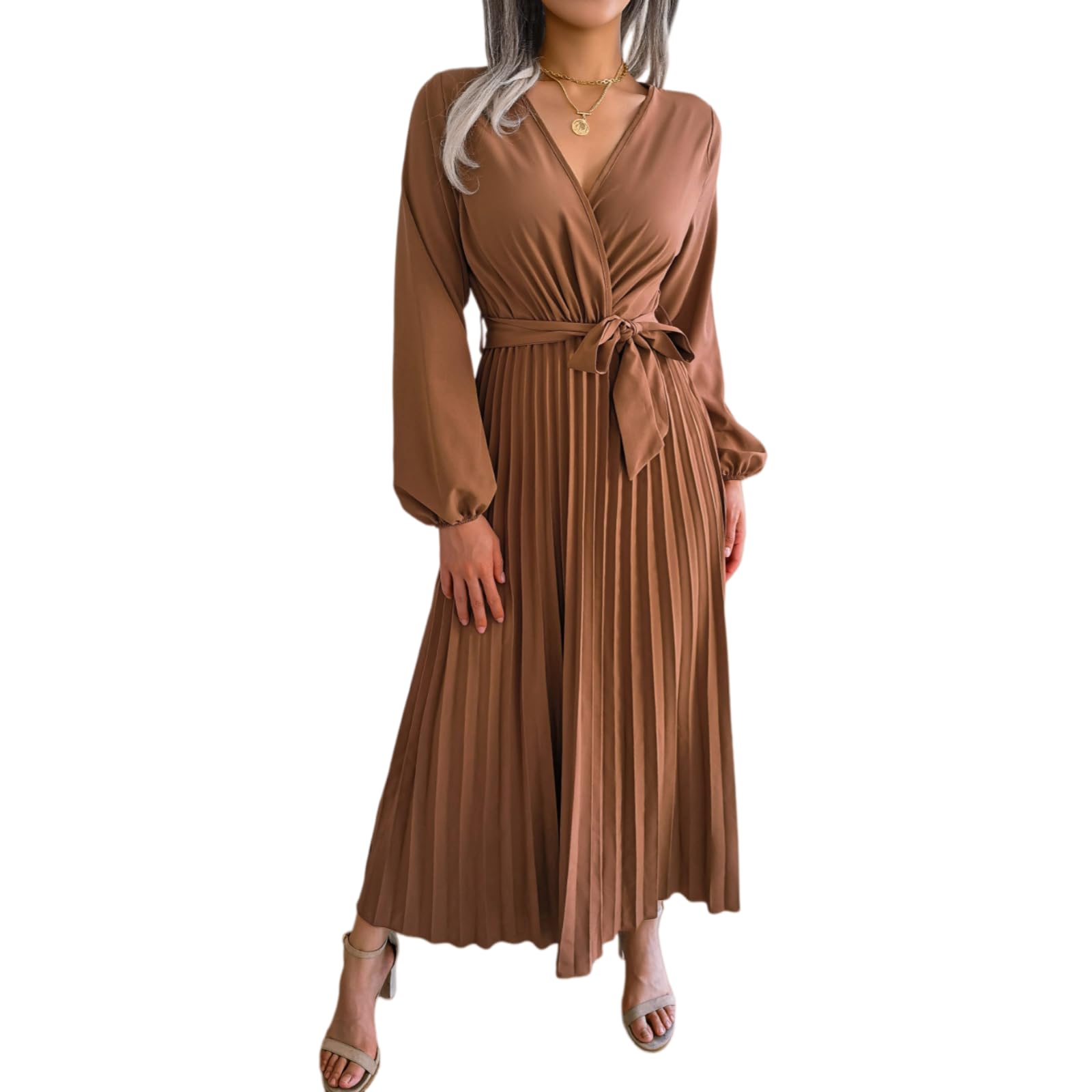 Vestito Donna Elegante Maxi Abito, V Collo Maniche Lunghe Abito Piegato per Ospite di Nozze, Festa Casual E Abiti Giornalieri-Black-m