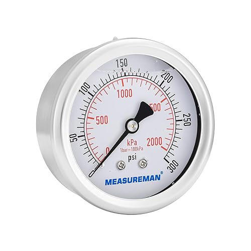 Miniatura 6 de MEASUREMAN - Manómetro relleno de líquido, tamaño del dial de 2.5 pulgadas, 0 a 300 psi2000 kPa, caja de acero inoxidable 304, montaje trasero NPT