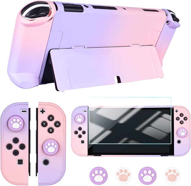 DLseego Case for Nintendo Switch OLED Model, Protective Cover Hard Shell with Shock-Absorption and Anti-Scratch Design, Screen Protector and 4Pcs Thumb Caps for Switch OLED 2021- Pink+Purple