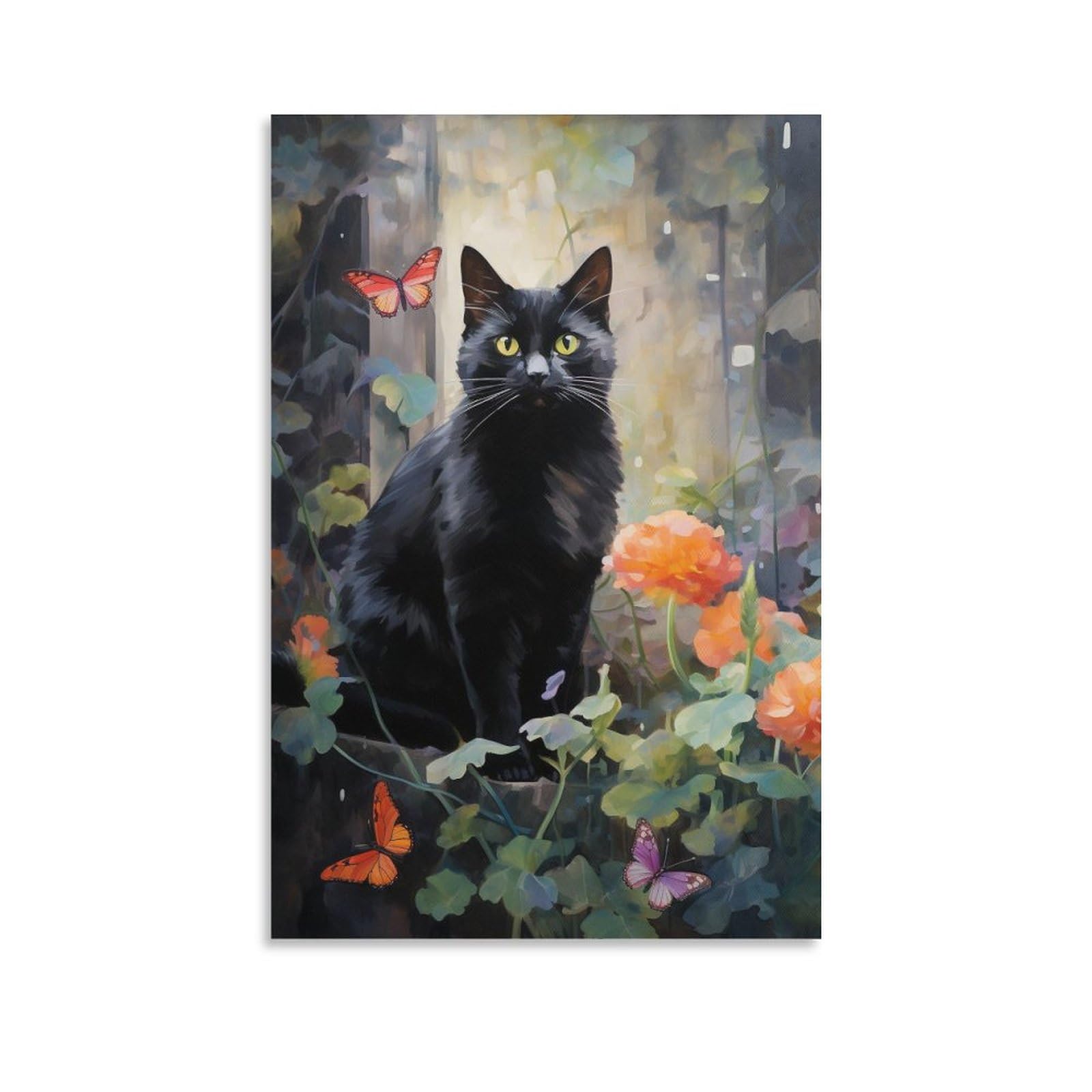 FOCCAR Flower Black Cat Canvas Wall Decor Animal Vintage Beautiful Plants Kittens Poster Wall Art for Living Room Bedroom Artwork