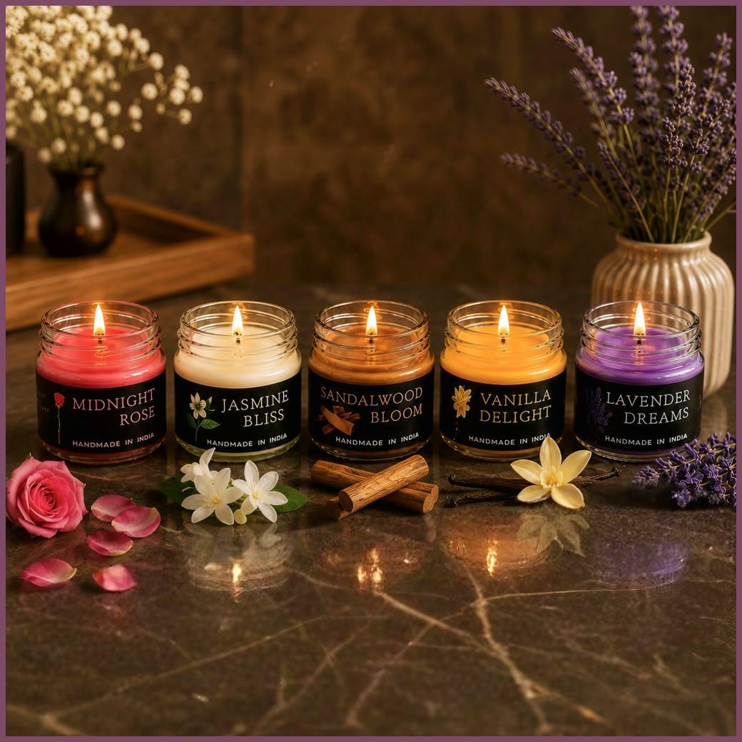 Handmade Scented Soy Wax Jar Candles, Set of 5, Rose, Jasmine, Sandalwood, Vanilla, Lavender, Smokeless, Long Lasting Fragrance-image-24