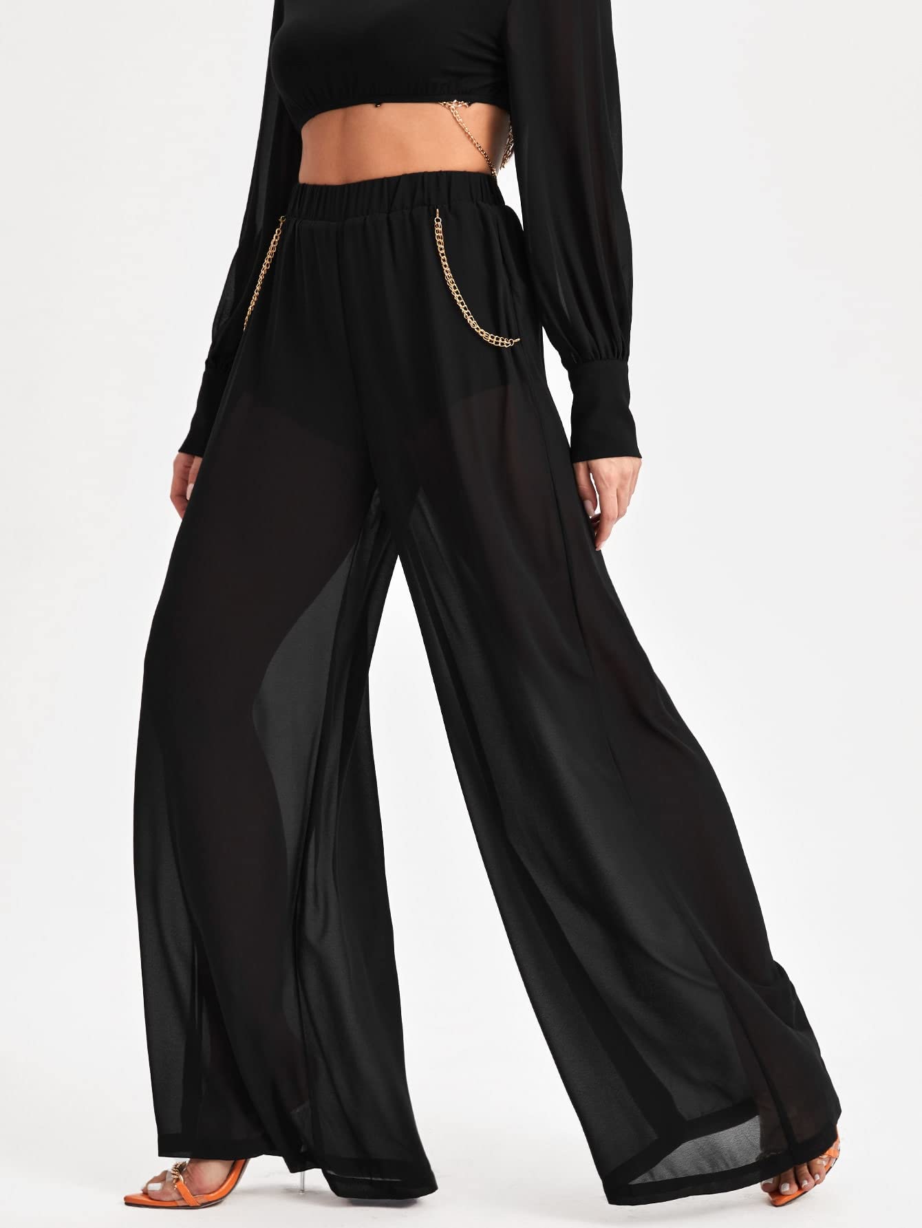 ANACRO Pants for Women - Chain Detail Chiffon Wide Leg Pants Color Black Size Medium