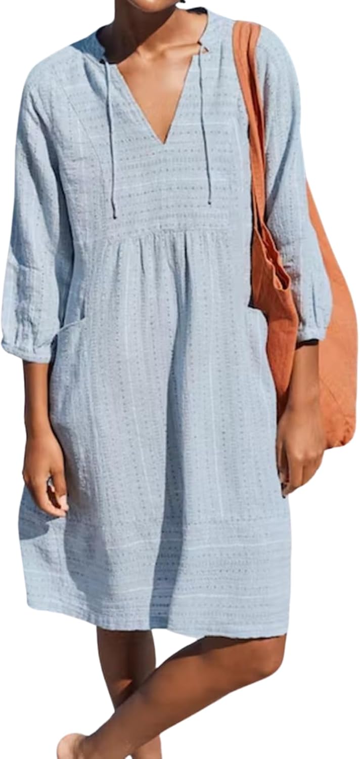Scapodo Women's Cotton Linen Midi Dress Soft V-Neck 3/4 Sleeve Casual Dresses for Summer Beach Vacations Everyday Wear