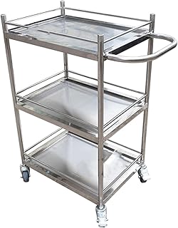 3 Tier Commercial Grade Rolling Trolley 304 Stainless Steel Utility Trolley Trolley with Wheels Handrail and Raised Fence Kitchen Trolley One Piece Welded Service Trolley