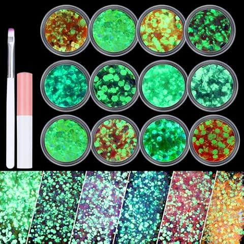 Umillars Noctilucent Chunky Glitter,Cosmetic Glitter Set with Quick Dry Makeup Glue and Nail Pen Brushes for Makeup, Hair, Eye,Nail Art, Craft, Slime Tumbler Jewelry Making Glitter(Noctilucent) Cover