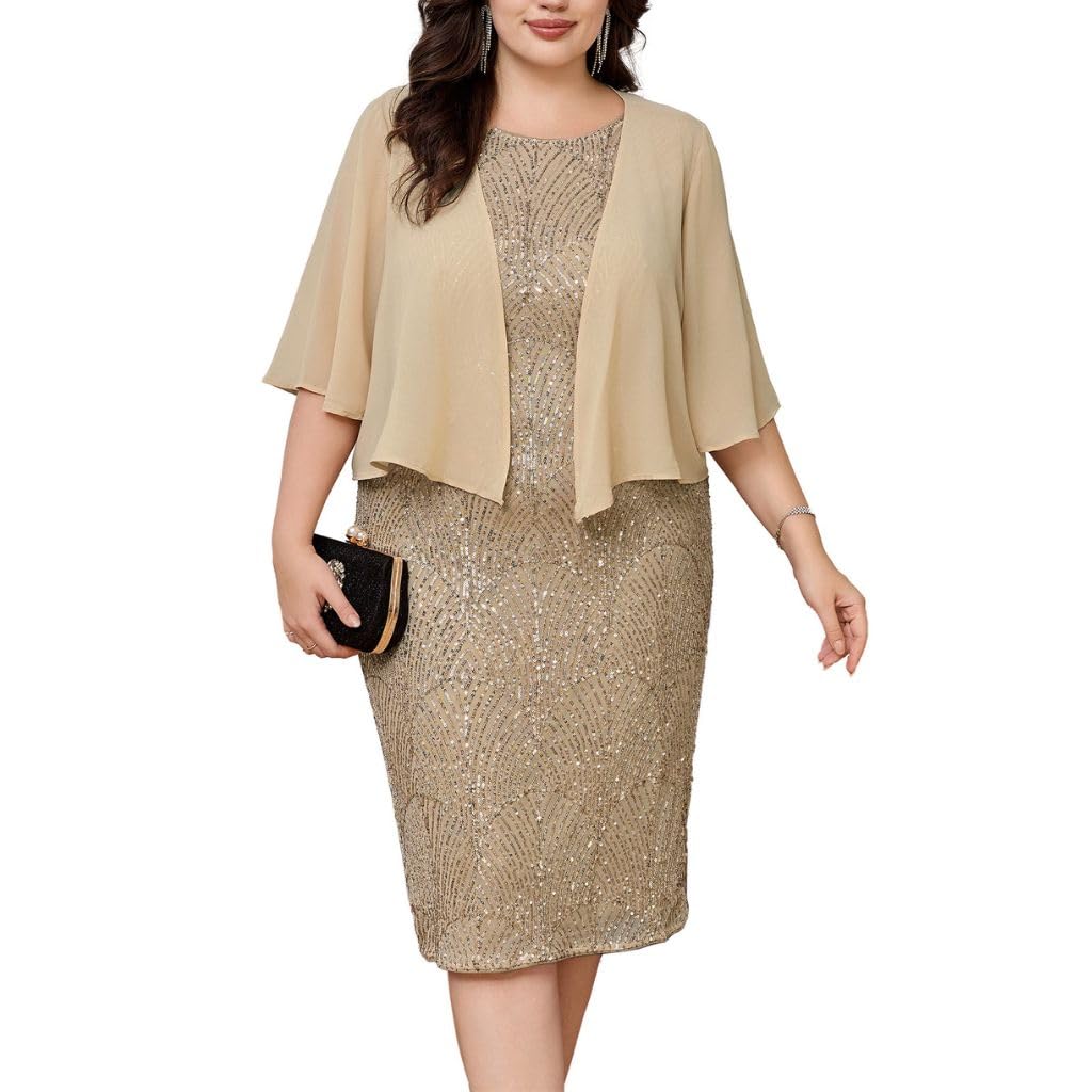 Hanna Nikole Vestido de noche elegante para mujer, tallas grandes, con purpurina, vestido de cóctel de dos piezas, vestido de madre de novia con chaqueta corta, albaricoque, 50 ES