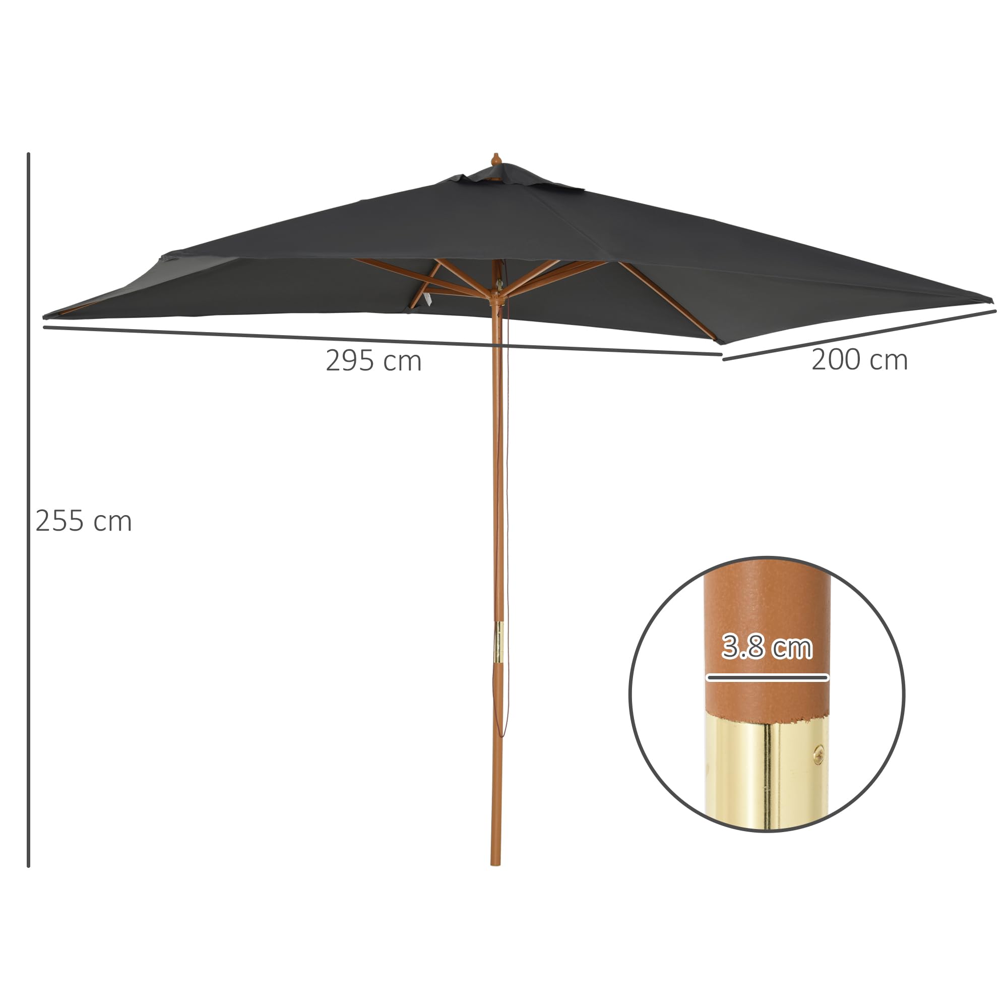 Outsunny Ombrellone da Giardino 2x3 m con Corda e Prese d'Aria, Ombrellone da Esterno con 6 Stecche in Legno, Bambù e Poliestere 180g/㎡, per Cortile, Terrazza e Balcone
