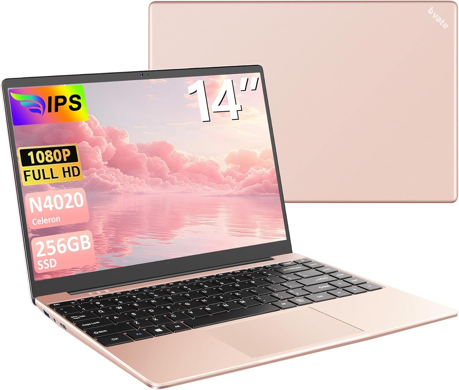 bvate PC Portatile Computer Portatile Win11 Notebook 14 Pollici 6GB 256GB | 2.4G+5G Supporta La Scheda SSD La Scheda TF Estesa, Wireless Bluetooth Mouse Wifi, Italiana Tastiera - Oro rosa