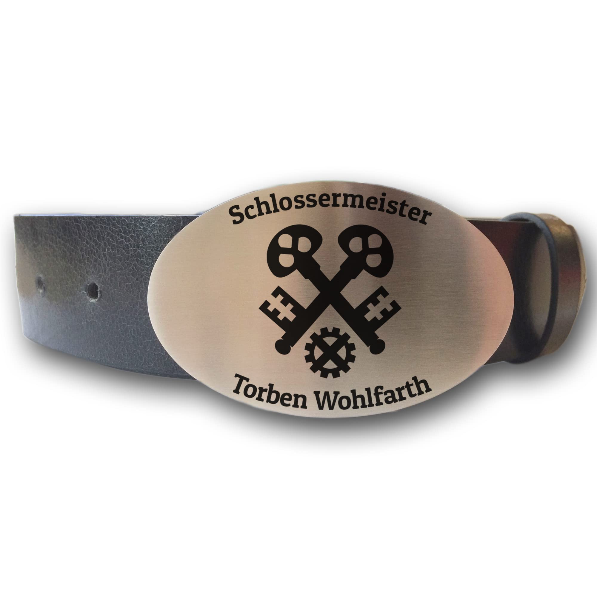 Ledergürtel mit ovaler Gürtelschnalle Zunftzeichen Schlosser Metallbauer und Wunschgravur personalisiert Dein Text Name Gürtel Geschenk Schmied