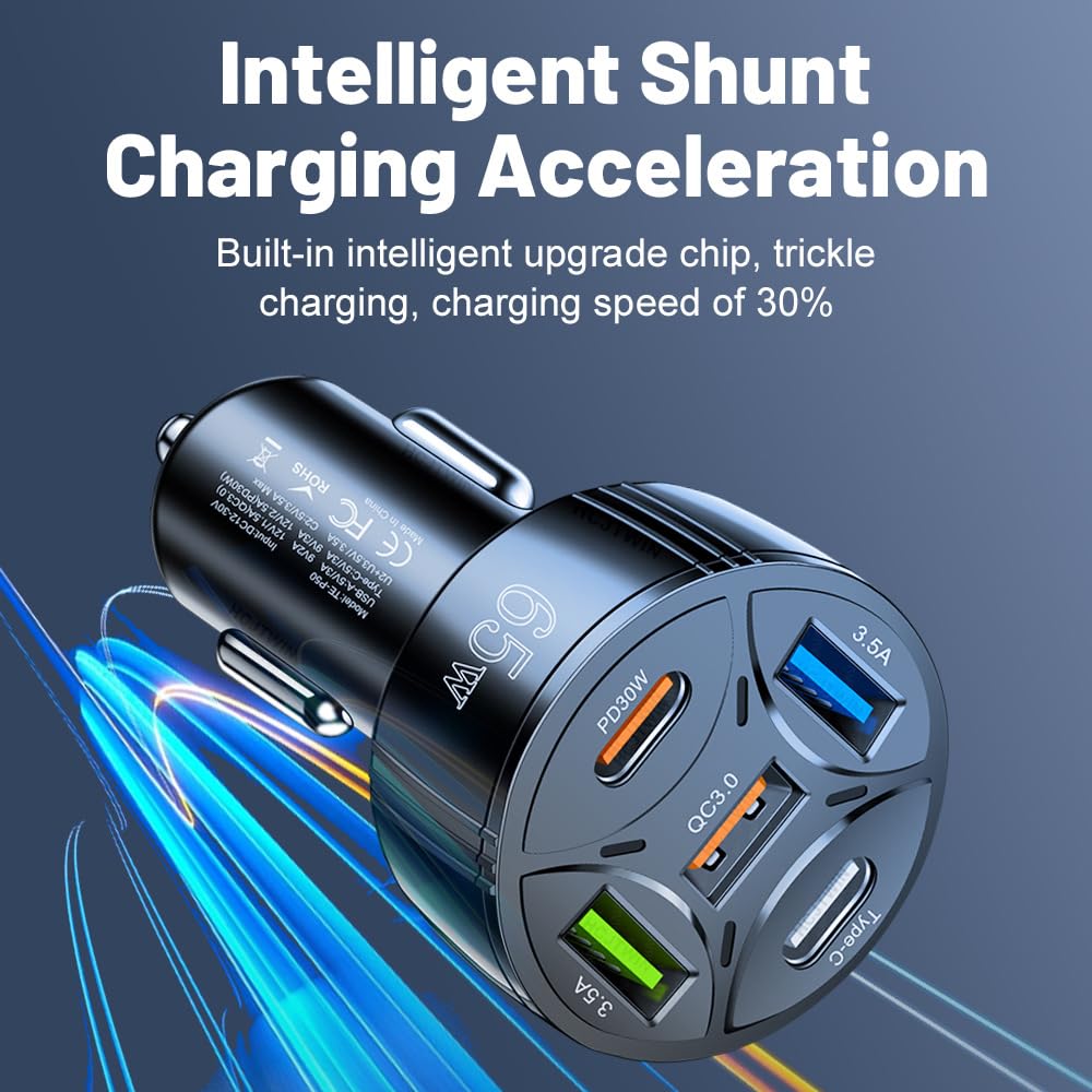 Cargador USB C de coche de 65 W 5 en 1 multipuerto PD30W y QC3.0 de carga ultra rápida, cargador USB para iPhone/Android/Samsung/iPad Pro y más (negro)