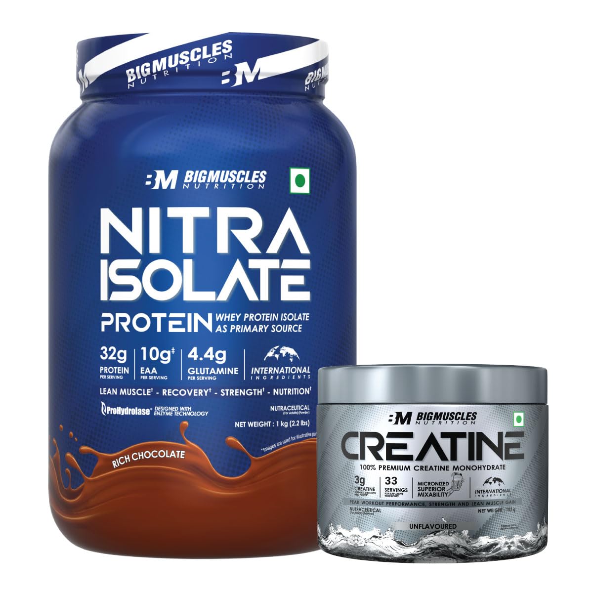 Bigmuscles Nutrition Nitra Isolate [1kg, Rich Chocolate] + Creatine [Unflavoured, 33 Servings] Combo | 32g Protein | 10g EAA | Whey Protein with ProHydrolase Enzyme Tech. For Faster Absorption