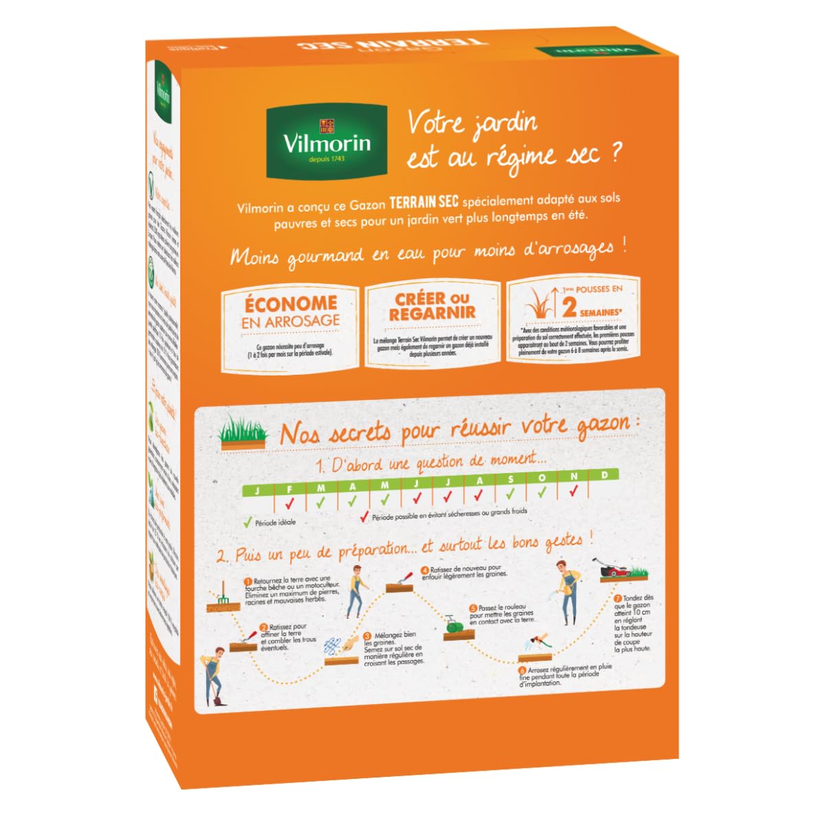 Lot de 2x1kg Gazon Terrain Sec Vilmorin | Anti-Sécheresse Tétraploïde 4N (80-120m²)