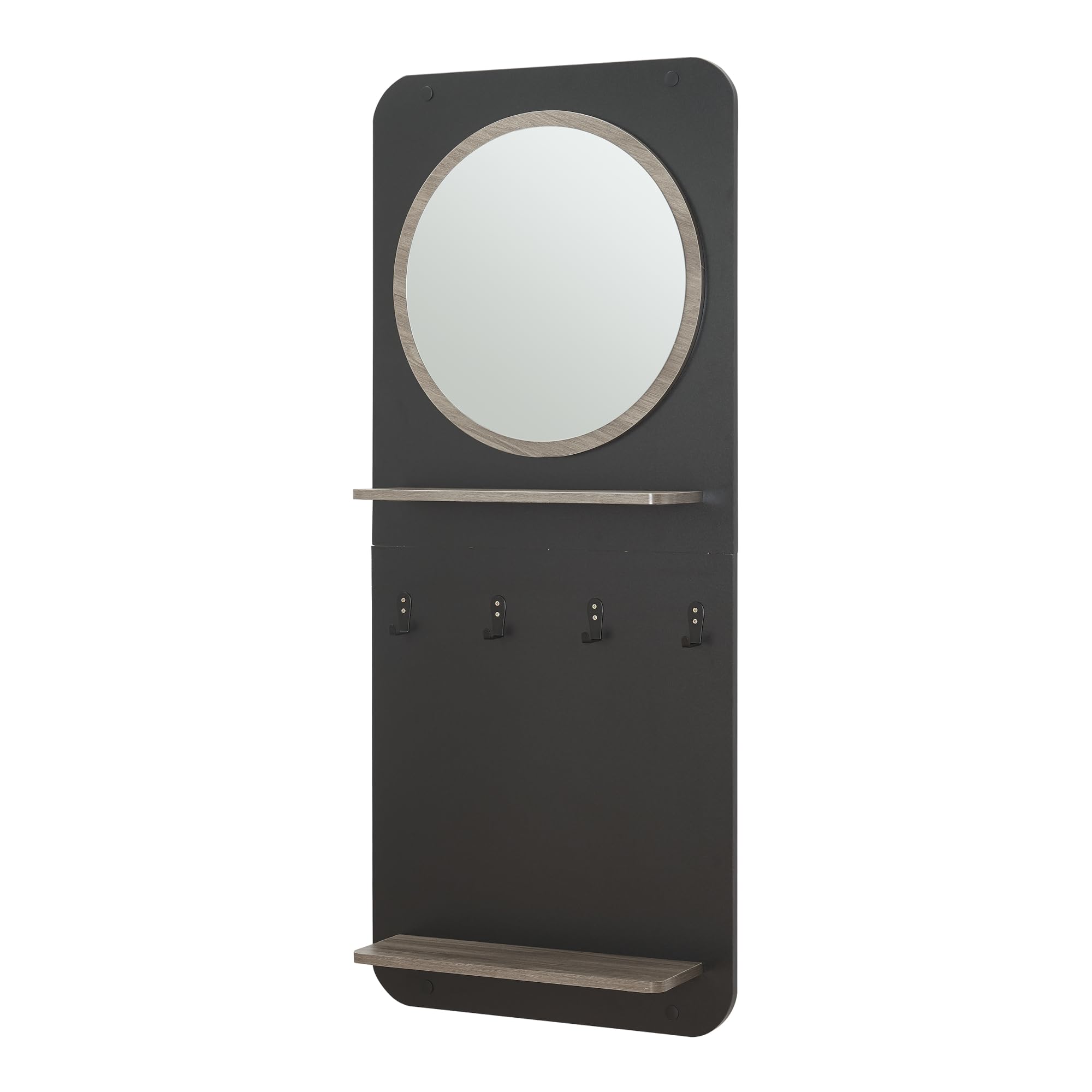 [en.casa] Perchero Panel Helsinge con Espejo Perchero de Pared con 4 Ganchos y 2 Estantes para Entrada Pasillo Oficina Aglomerado Metal 140x60x16 cm - Negro Mate