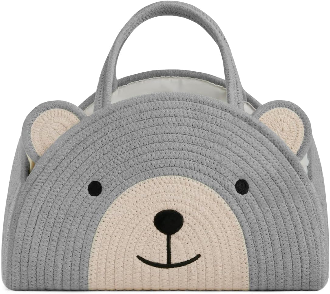 Lmbabter Baby Diaper Caddy Cotton Rope Diaper Organizer Basket Rainbow Theme Nursery Storage Bin Daypack Car Travel (Grey Bear)