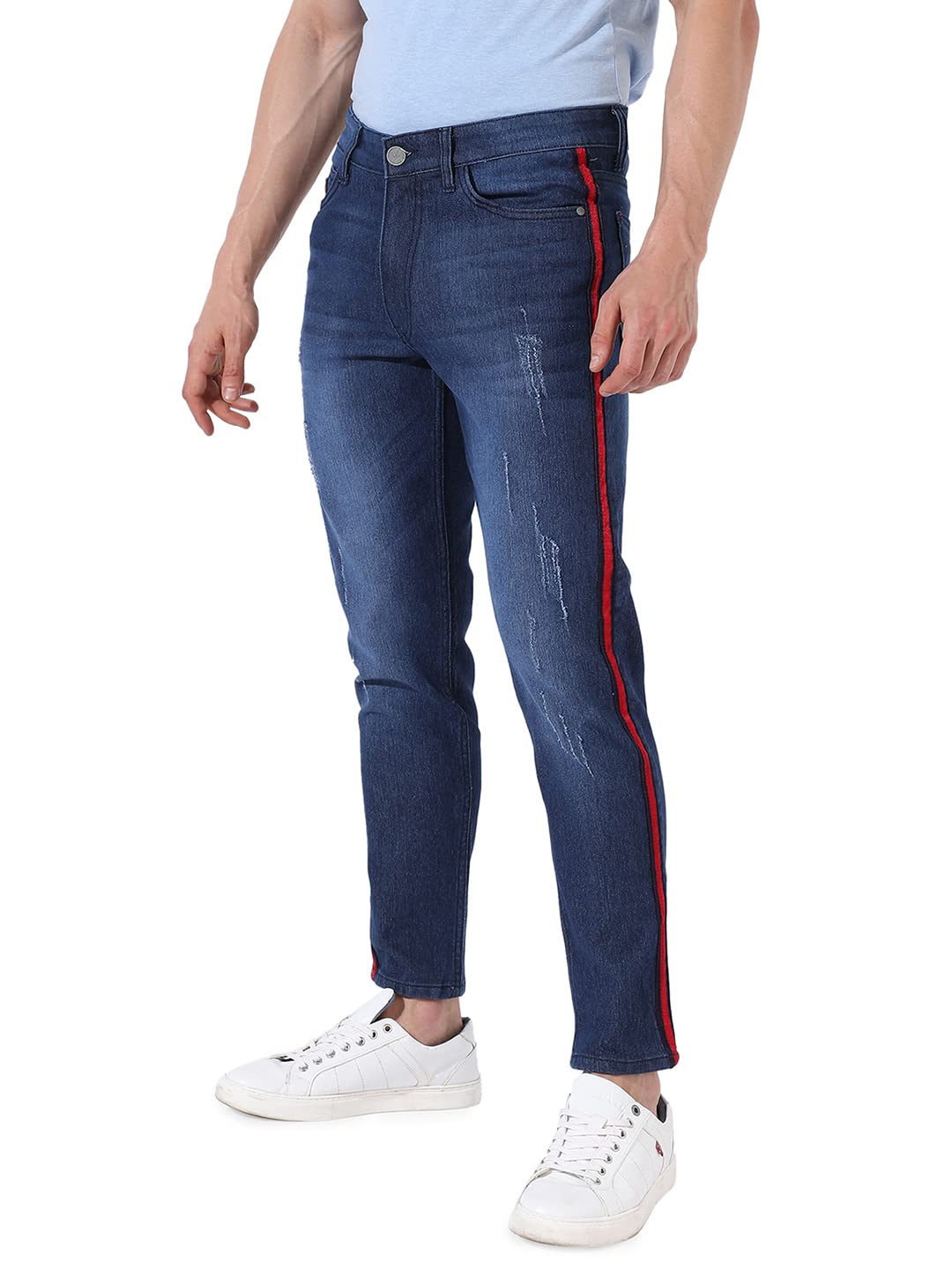 Campus SutraMen's Classic Dark-Washed Distressed Patterned Regular Fit Denim Jeans | Premium Mid Rise Cotton Stretchable Crafted with Comfort Fit and High Performance for Everyday Wear