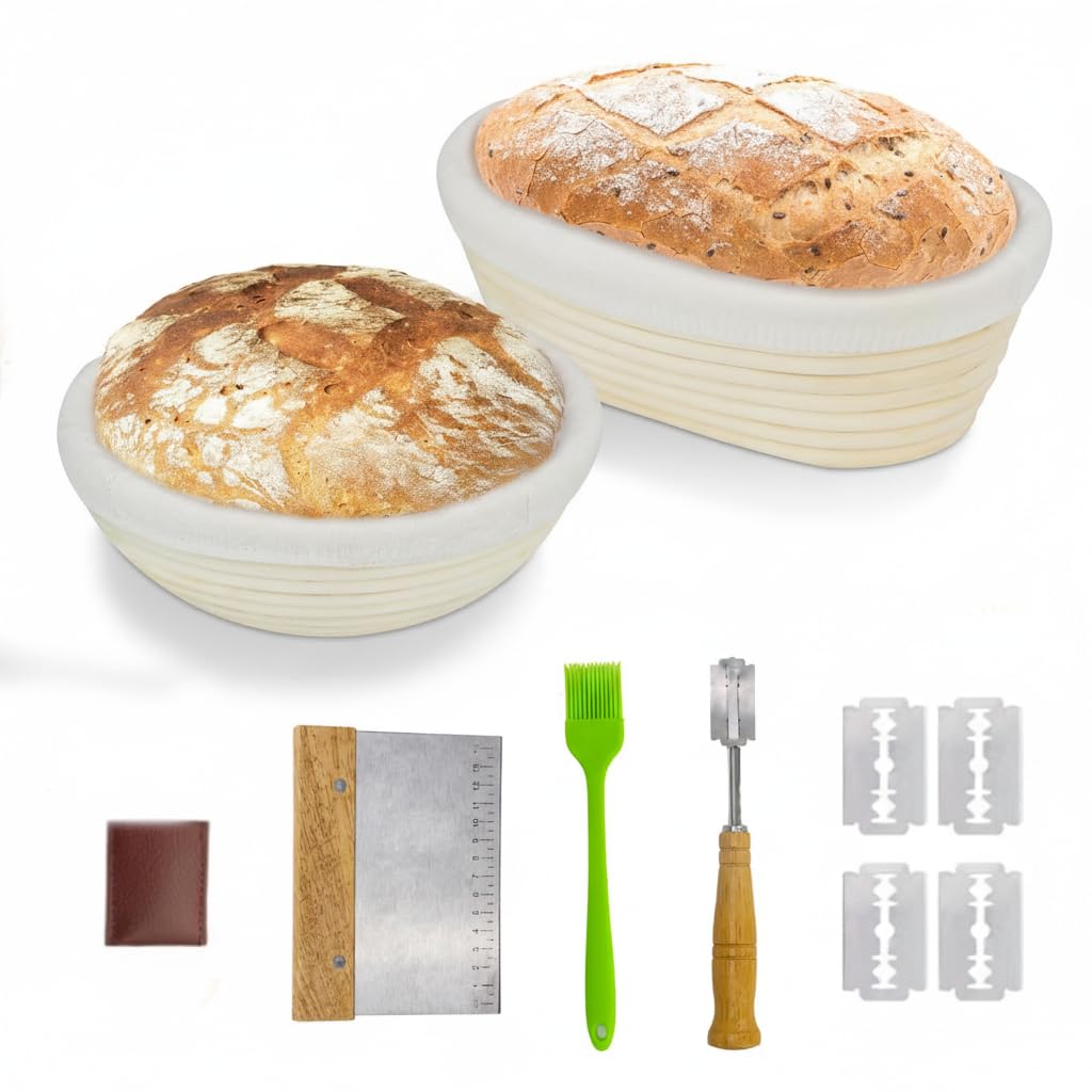 Gmp Homie Cream Bread Proofing Basket Set,Round & Oval Sourdough Proving Basket, – 100% Natural Rattan, Round Banneton, Starter Kit With Bread Lame, Dough Scraper & Baking Tools For Home & Professional Bakers
