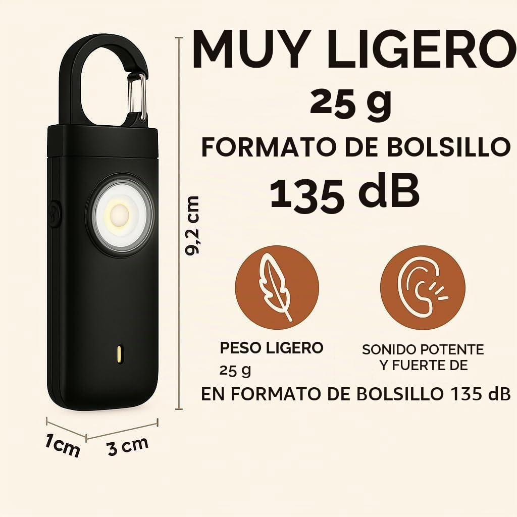 Alarma de bolsillo, alarma personal de seguridad de emergencia de 130 decibelios con luces, color negro