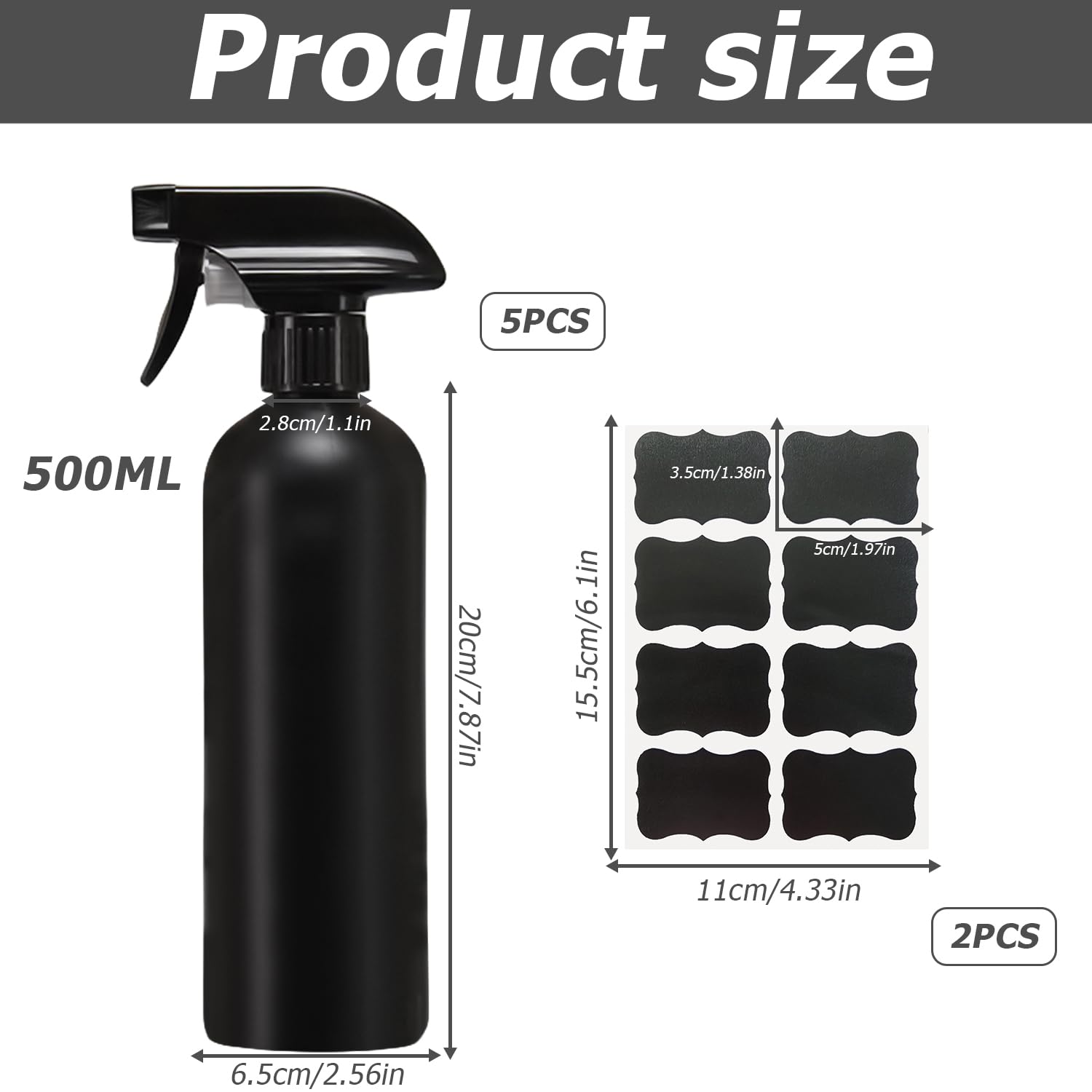 HOMURY 5 Flaconi Spray Nero da 500 ml: Bottiglie per Parrucchiere, Piante, Capelli, Pulizia e Giardinaggio Con Etichetta Impermeabile