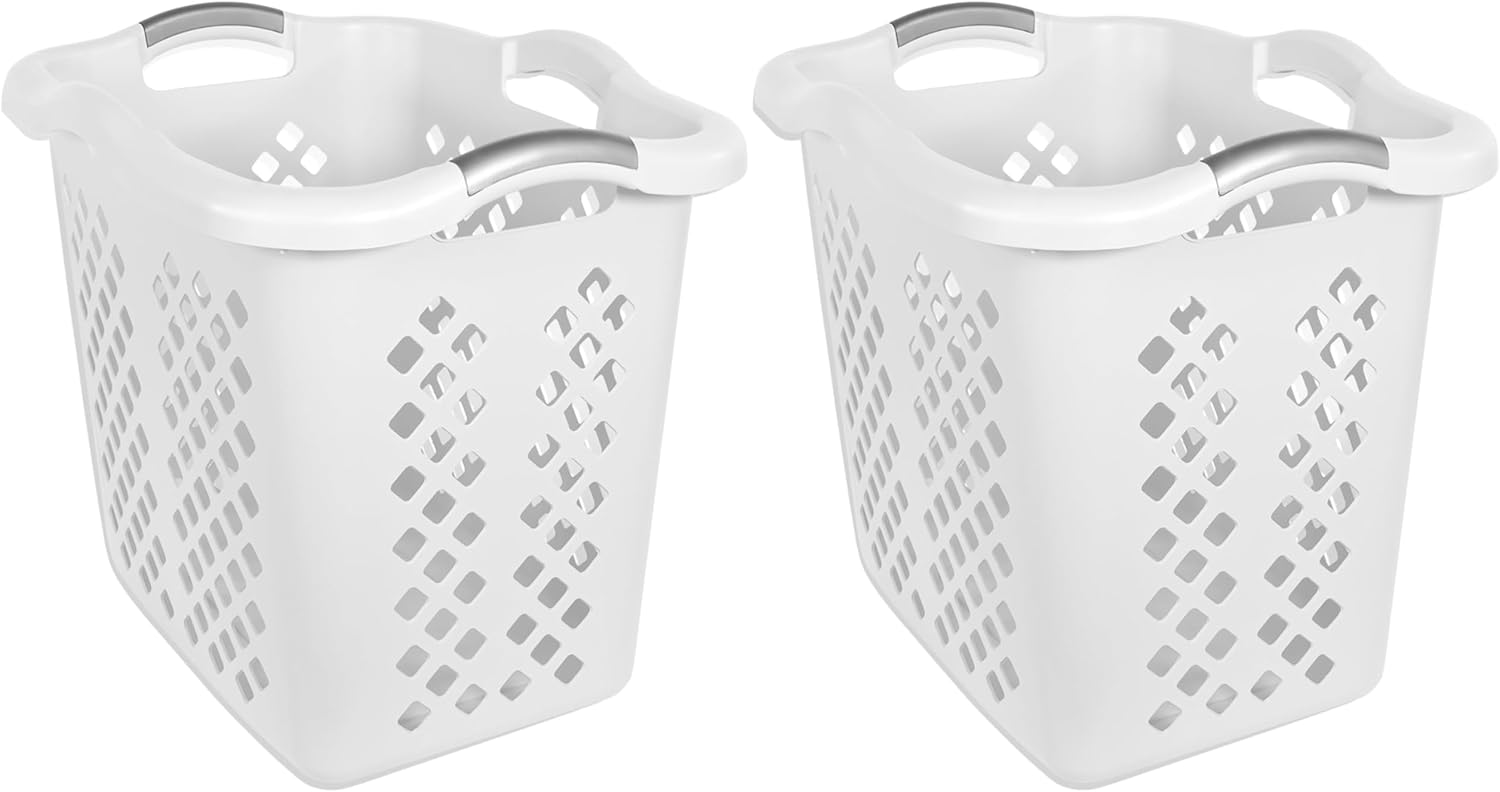 2-Pack Ultra Portable Plastic Laundry Basket With Silver Handle, Suitable For Dirty Laundry Basket Boxes In Homes And Apartments, White