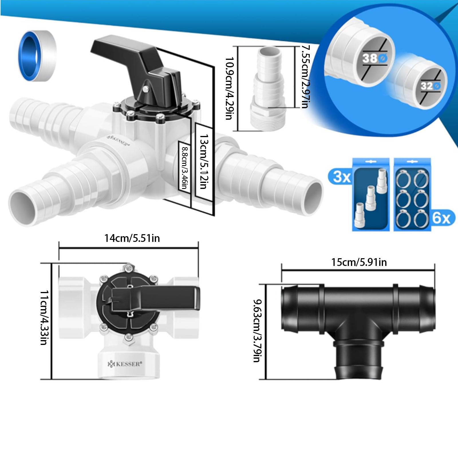 12 accessori per filtro a sabbia con valvole di bypass per piscina a 3 vie, adattatori in ABS e 6 morsetti in metallo, adatti per la manutenzione della piscina, set di adattatori bypass di
