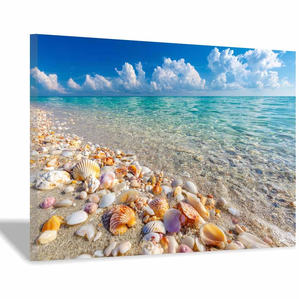 HOQIU Beautiful wall art Tropical Beaches es Seashells canvas artwork for wall, art prints, For living room, bedroom, bathroom, dining room, painting and decor.(Multicolor)-40x60cm Framed