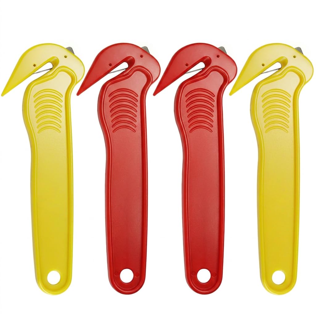 Box Cutter 4 Pcs, Utility Box Opener Safety Package Opener Cardboard Cutter Tool Hook Style Cutter Tool with Non-Slip Handle for DIY Bubble Wrap Stretch Film Foam Warehouse Packaging (Yellow+red)
