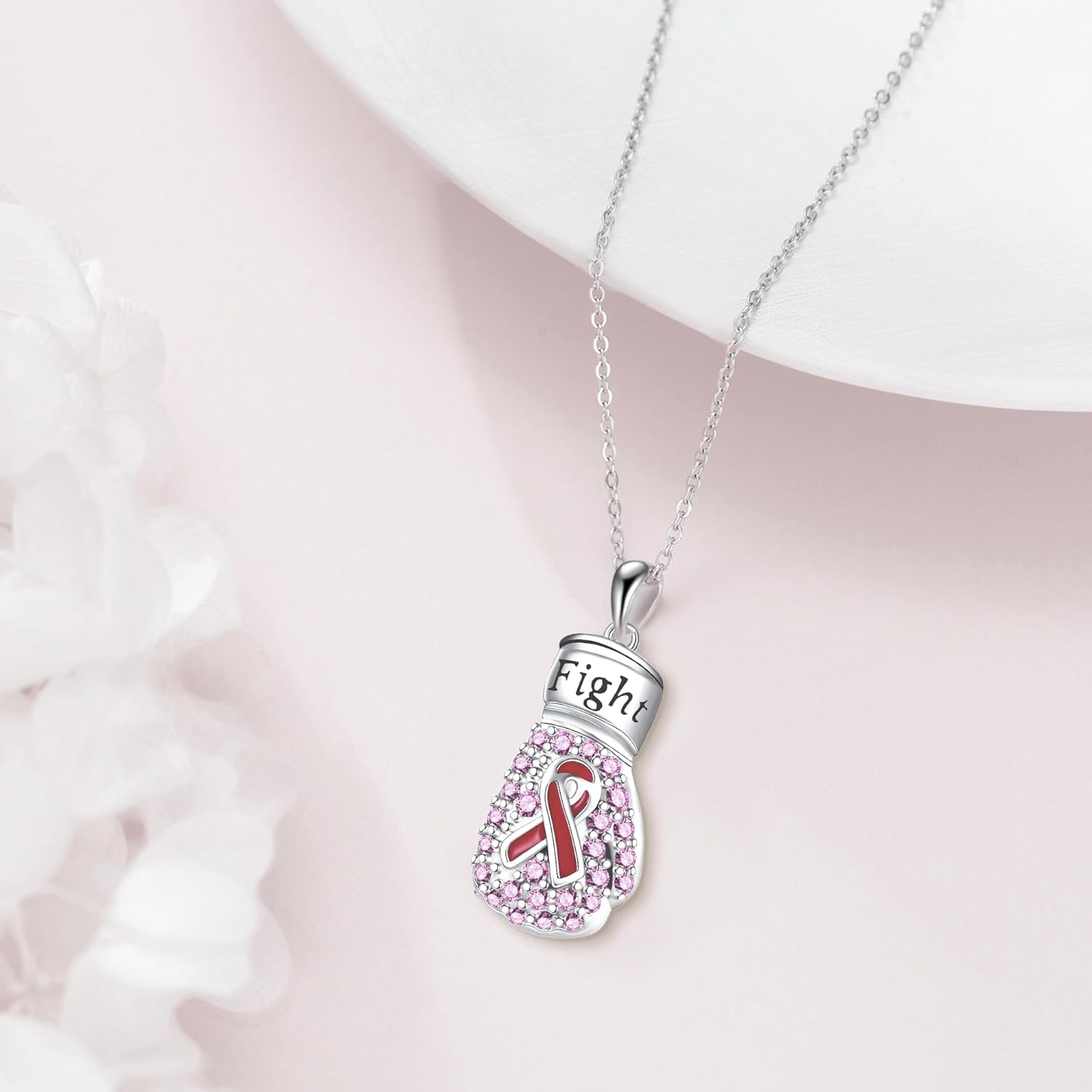 Breast Cancer Necklace 925 Sterling Silver Pink Ribbon Boxing Gloves Necklace Breast Cancer Survivor Jewelry for Women - Image 2