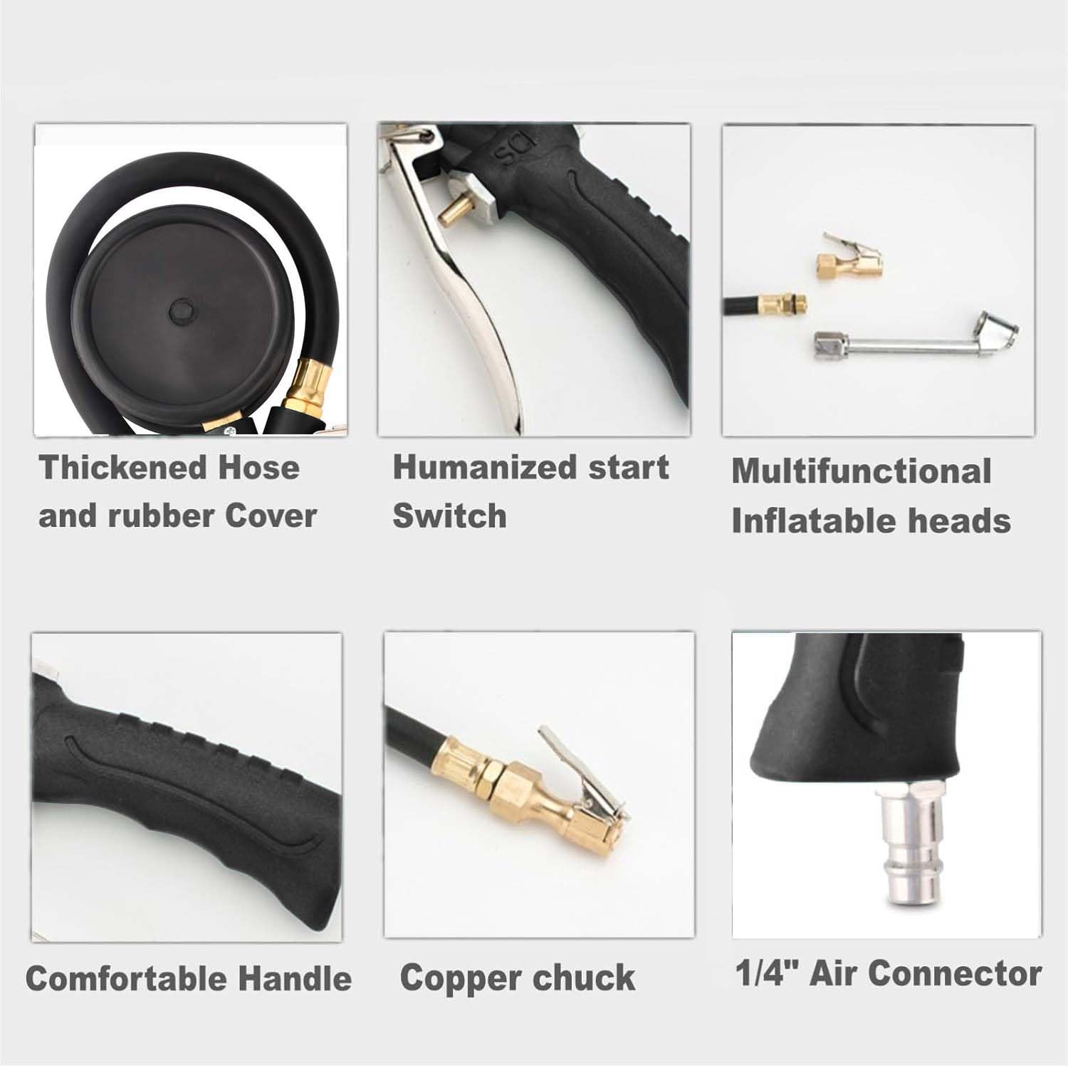 Gonfiatore professionale per pneumatici ad aria compressa, tester della pressione dei pneumatici, manometro per pneumatici, con manometro girevole a 360°, per auto, moto, bicicletta, camion (nero, 10
