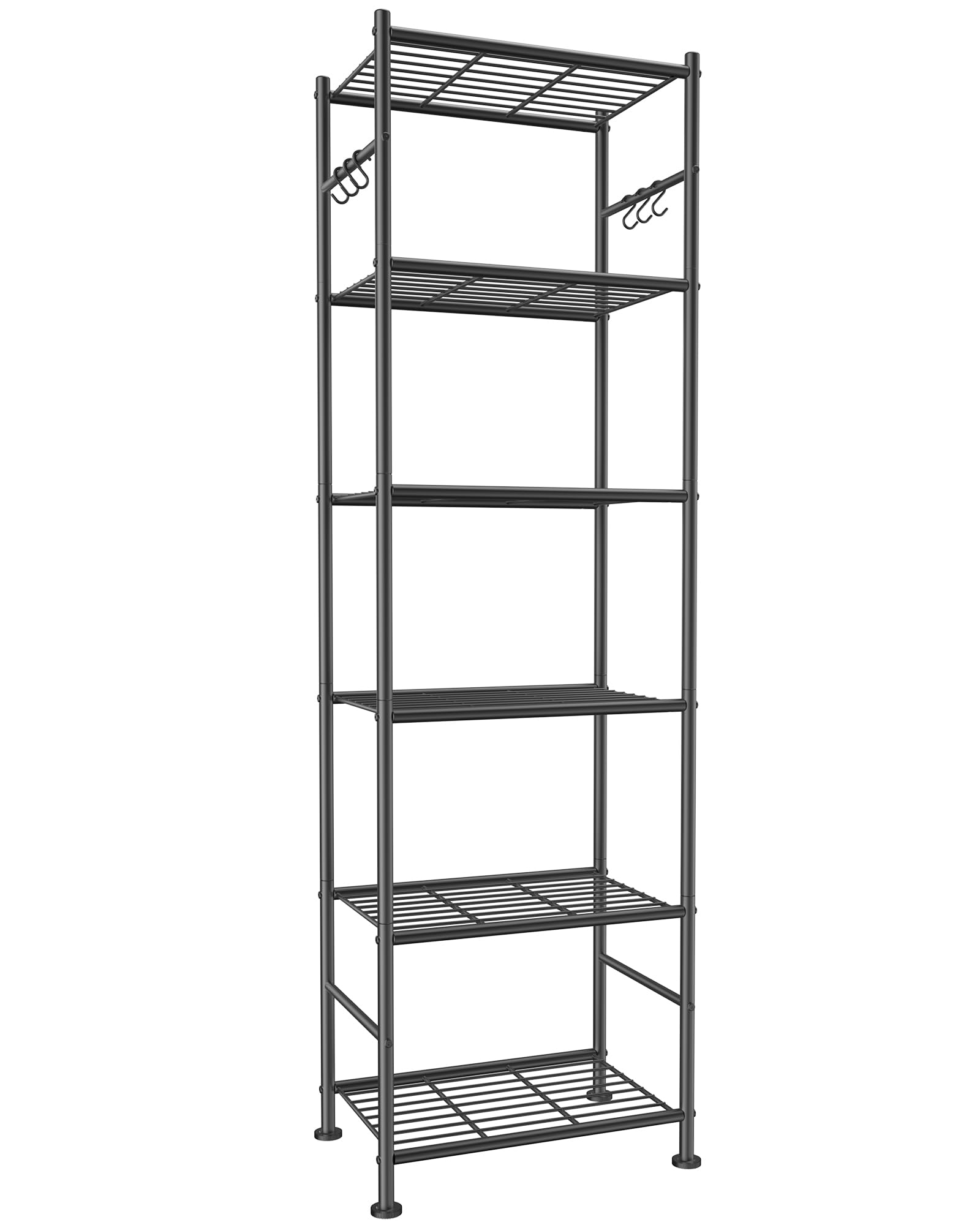 Storage Shelves - 6-Tier Large Capacity Shelf Organizer with Hooks, Heavy-Duty Garage Shelving with Leveling Feet, Wobble-Free Rack for Bedroom, Balcony, Garage, 18.1"×12.4"×70.1", Black