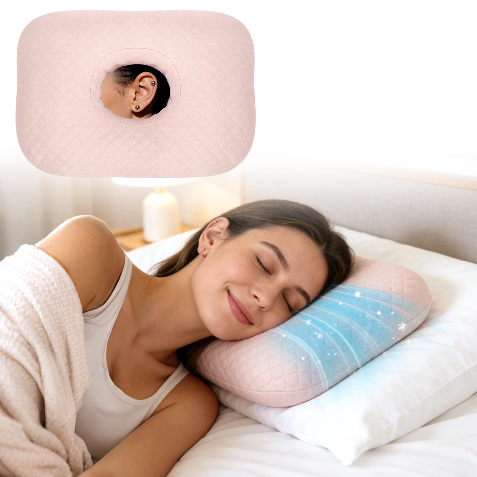 RoamReady Cooling Ear Piercing Pillow for Side Sleepers, Earring Pillow with Hole for Sleeping, Washable Donut Pillows For Piercing, Cnh, Headphone, Ear Pain And Pressure Relief, Pink