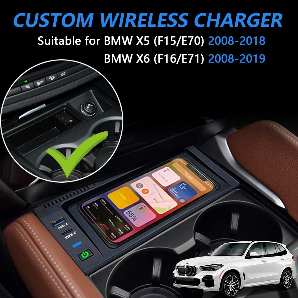 Caricatore Wireless Auto per BMW X5/X6 2014-2018 Consolle Centrale Accessorio, 15W Rapida Ricarica Telefono Pad per BMW X5 F15 2014-2018/X6 F16 2014-2019, Regalo per BMW Proprietari
