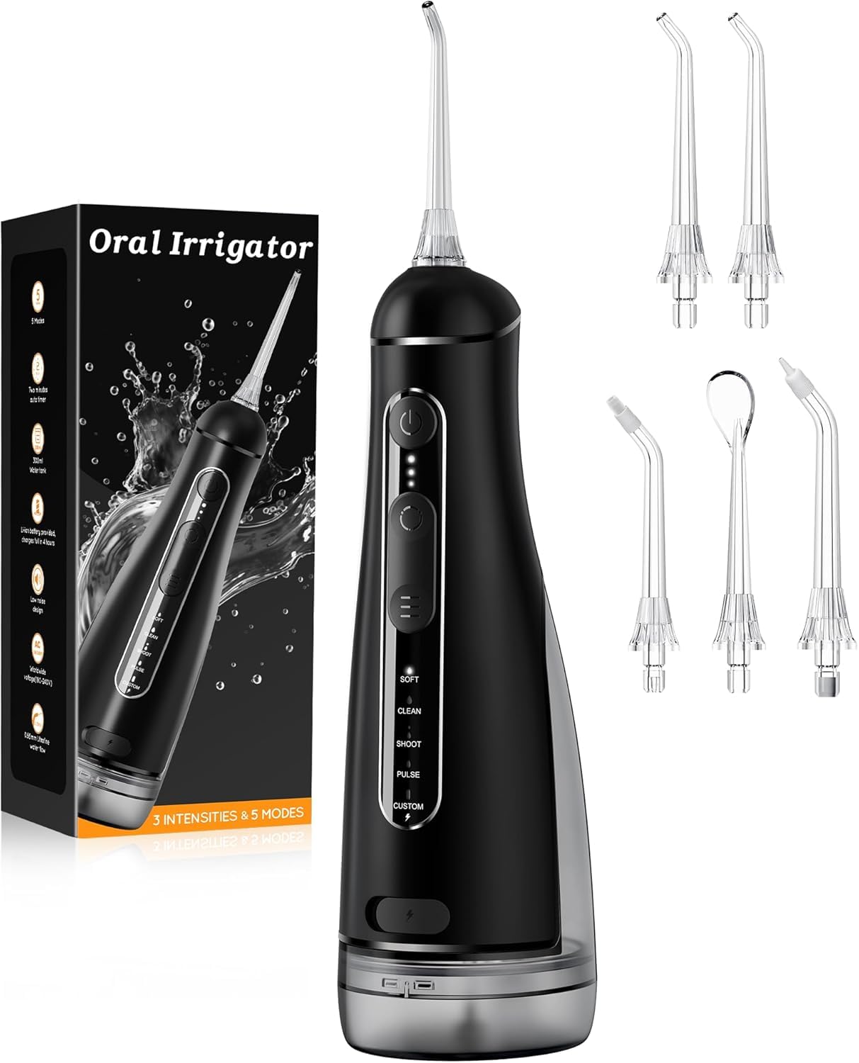 Irrigador Dental Portatil DIY, Irrigador Bucal Inalámbrico 5 Modos y 3 Intensidades, Depósito 300 ml y Base Extraíble, Carga USB, Impermeable IPX7, Sin BPA, Silencioso, para Viajes y Hogar