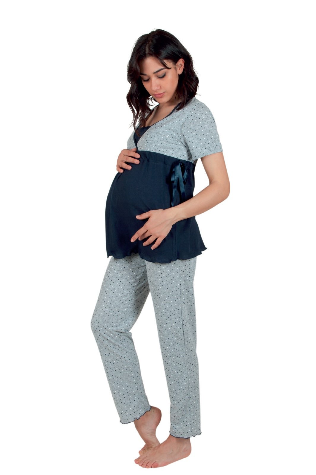 Premamy - Pigiama per Premaman, Modello con Fiocco, Cotone Jersey, Pre-Post Parto