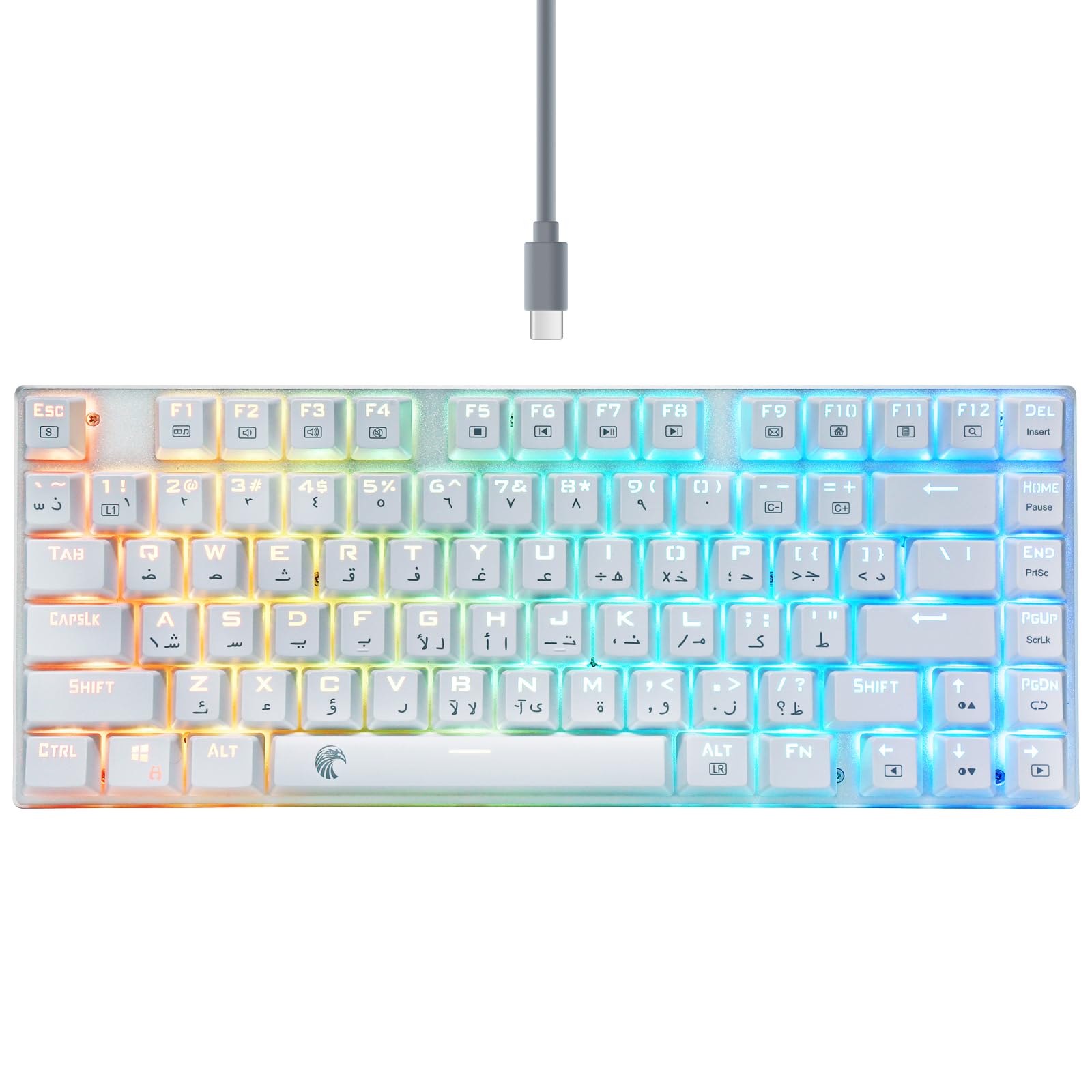 HUO JI 75% Arabic Mechanical Keyboard Wired, E-YOOSO Z-88 Gaming Keyboard with Red Switches, RGB LED Backlit, Metal Panel, 81 Keys Portable Gaming Keyboard (White)