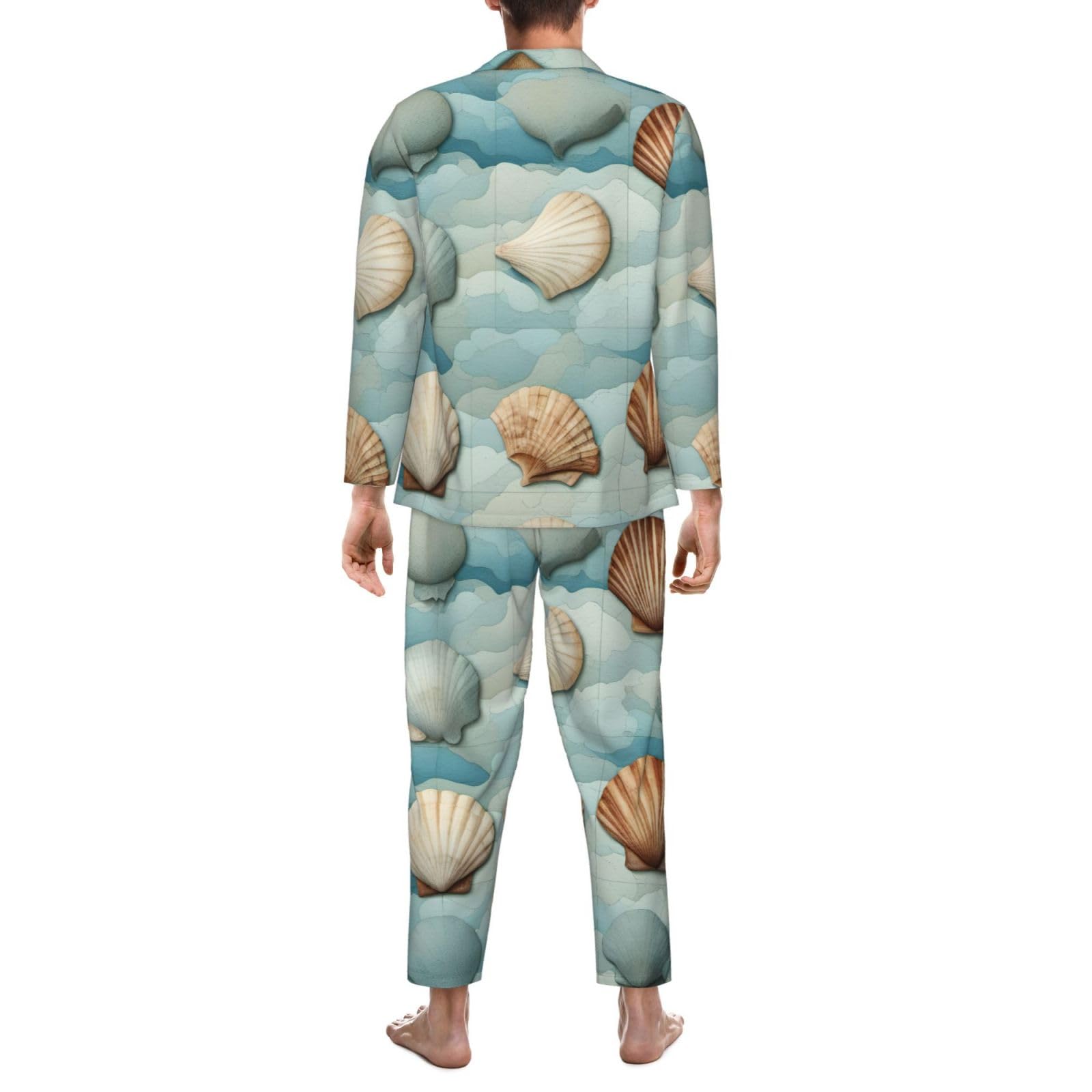 Herren-Pyjama-Set, langärmelig, Muschelmuster, zweiteilig, bequem, Nachtwäsche