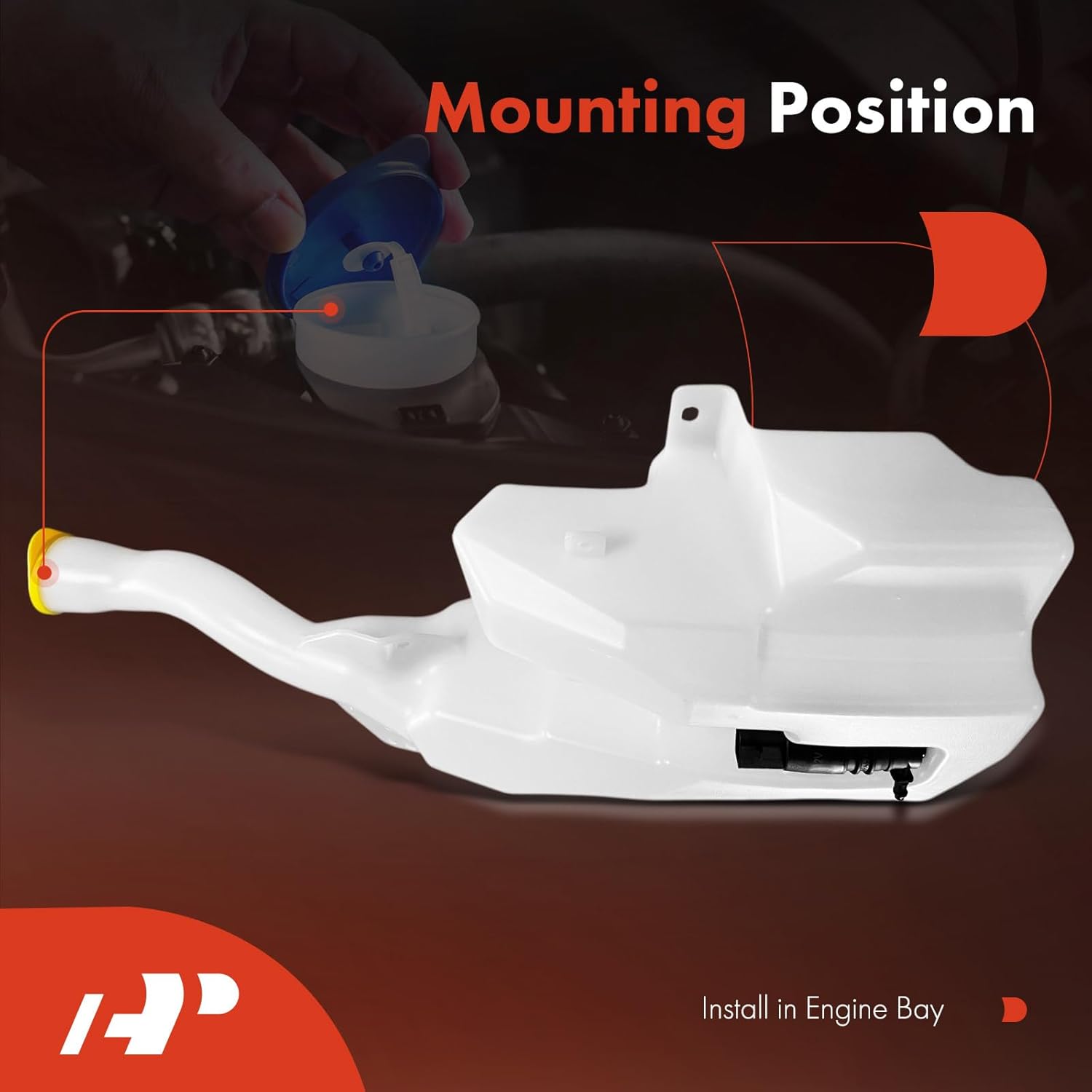 A-Premium Windshield Washer Reservoir Tank Assembly Compatible with Ford Mustang 2015 2016 2017 - with Cap & Washer Pump