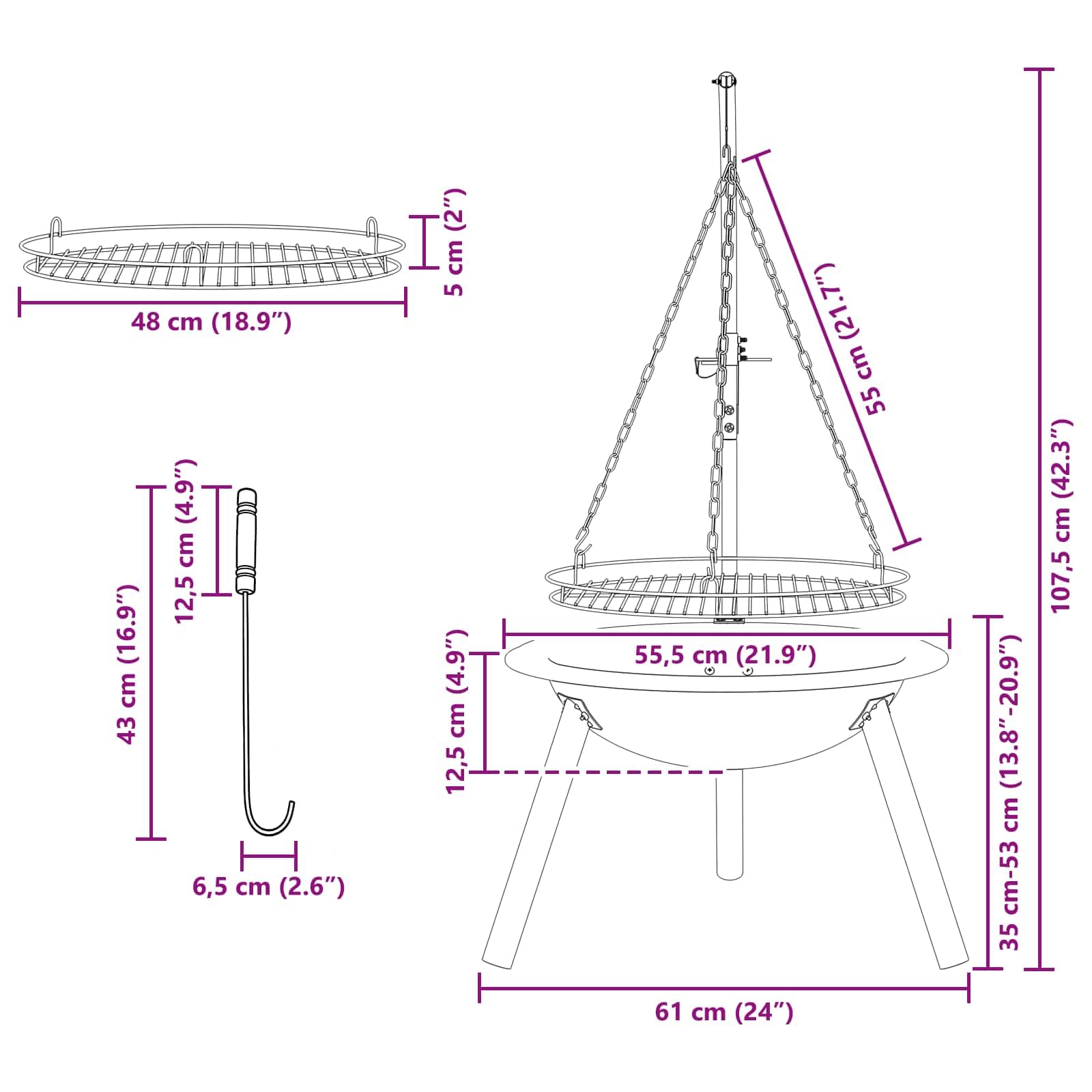 vidaXL Braciere con griglia di cottura regolabile diametro 55,5 x 107,5 cm Acciaio, camino rotondo moderno, griglia refrattaria, barbecue esterno, griglia a carbone con griglia di cottura