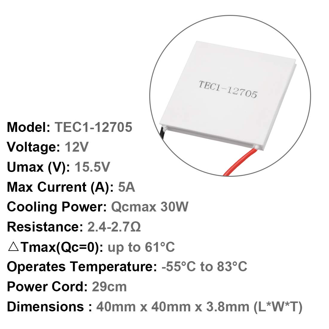 TEC1-12705 Peltier Module - 12V 5A Thermoelectric Cooling Plate For Electronics Cooling Projects