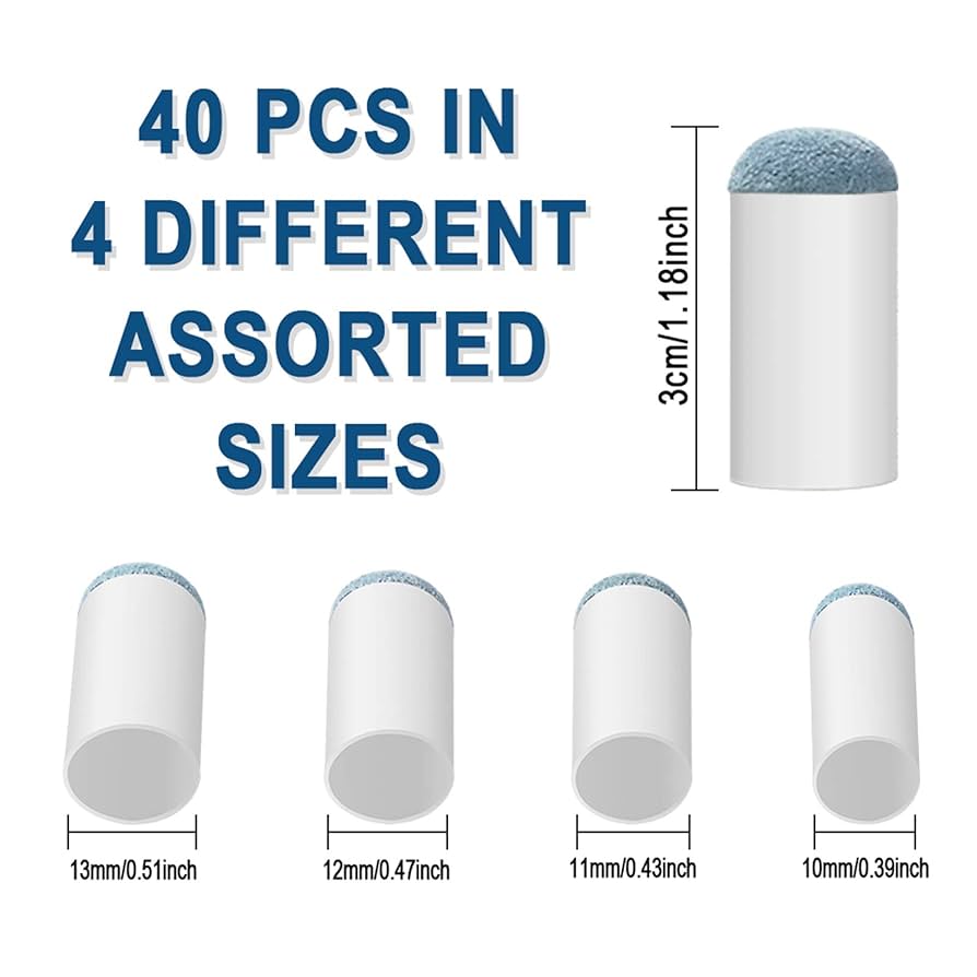 40 Pcs Pool Cue Tips Slip-On Assorted 4 Sizes Billiard Cue