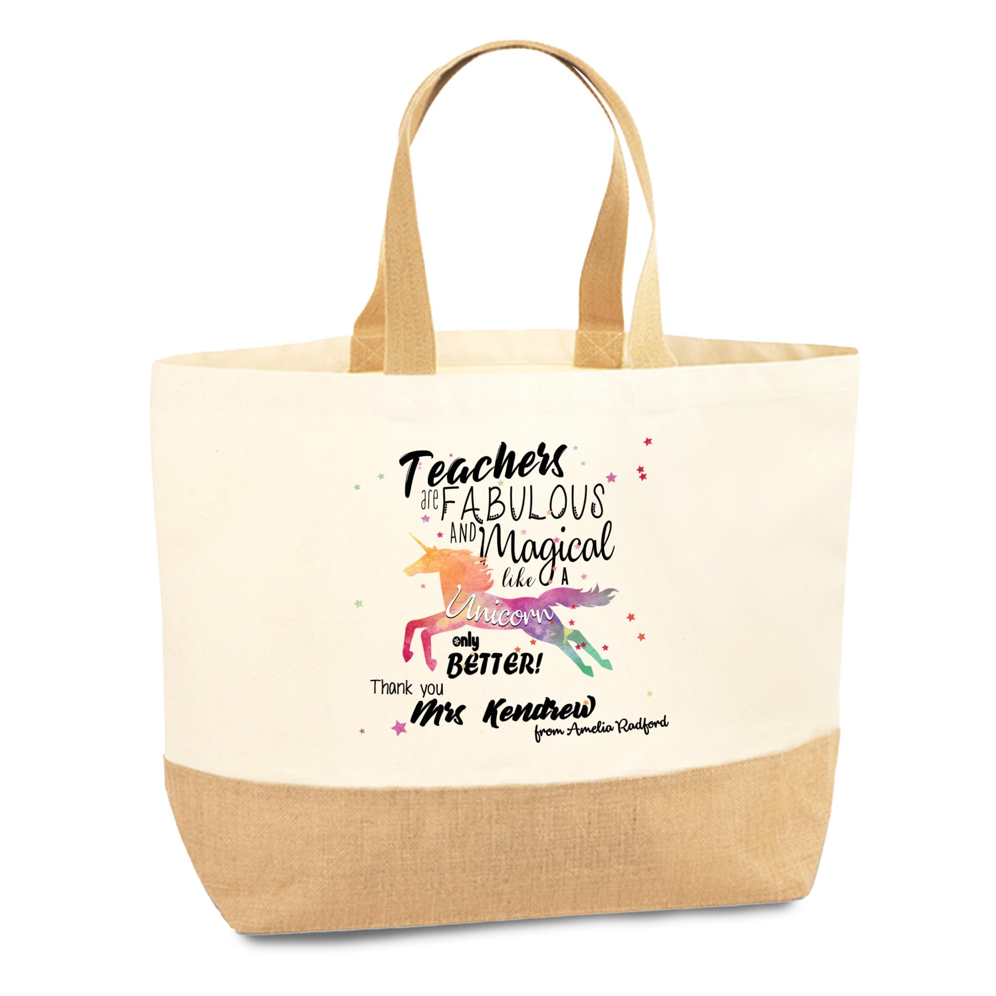 Personalised Teacher Tote Bag with Custom Name & Jute Hessian Base - Rainbow, Floral & Teacher Designs - Gift for Teachers Assistants, TAs & Nursery Staff