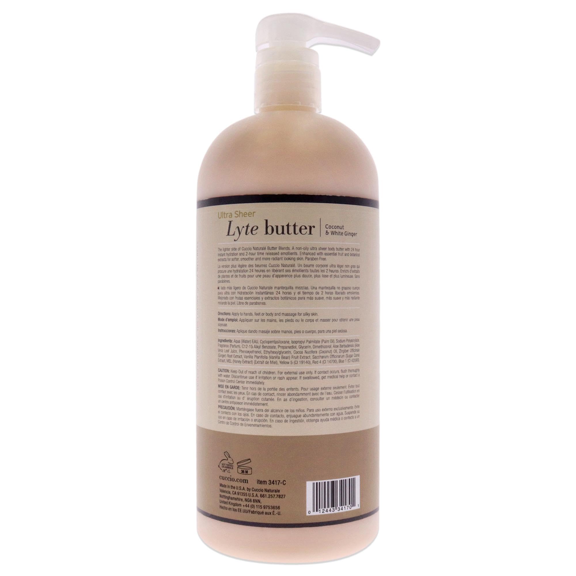 Cuccio - Ultra Sheer Lyte masło - kokos i biały imbir - dla unisex - masło do ciała - 32 oz