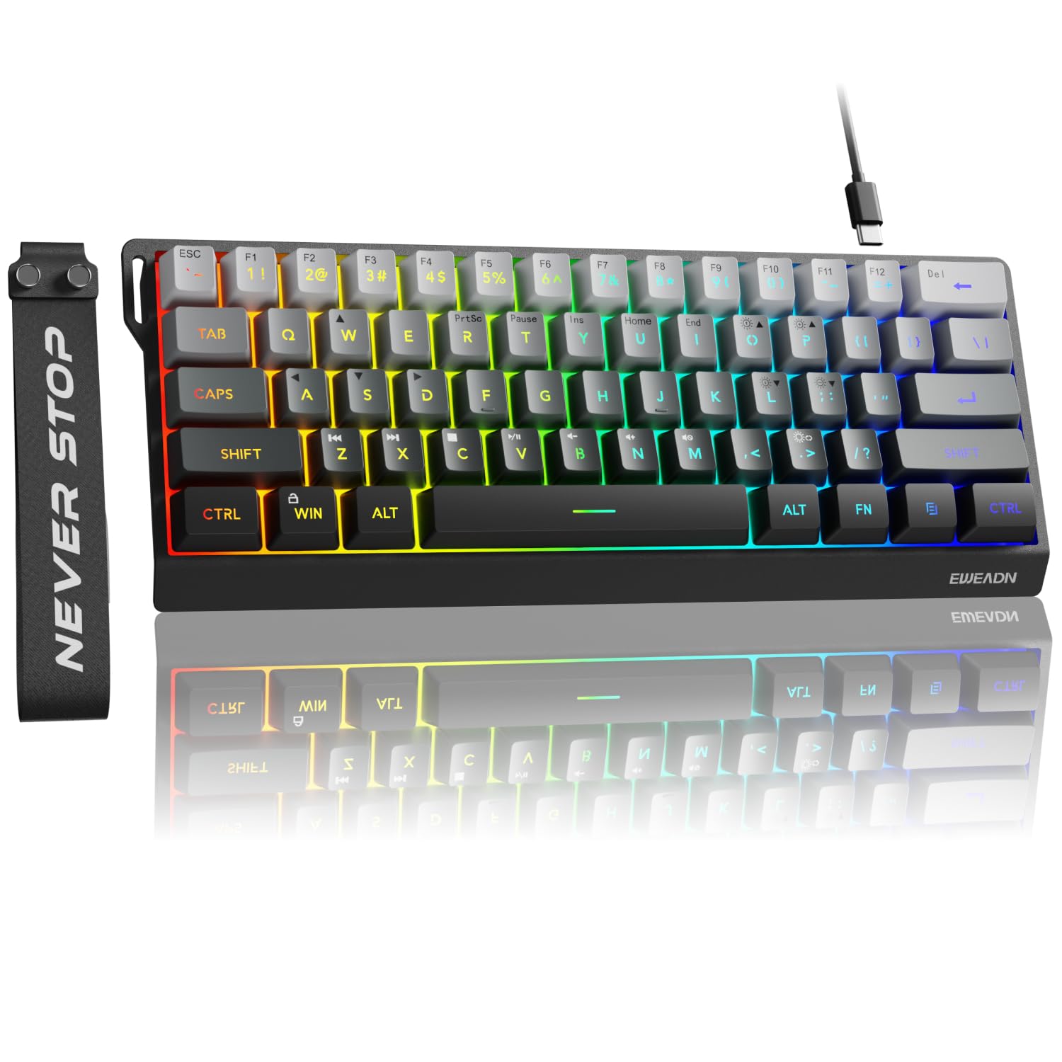 eweadn f61 60% gaming keyboard wired, rgb backlit membrane gaming keyboard with pbt keycaps, compact design, lanyard wired keyboard for mac/win-gradient black