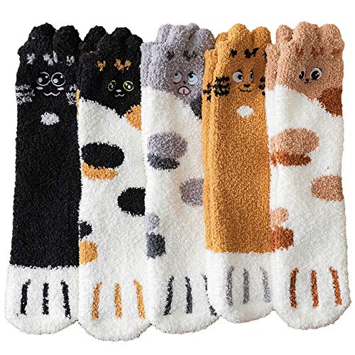 Fuzzy Socks For Women Teen Girls Long Cute Cartoon Animal Cat Paw Plush Coral Fleece Slippers Socks