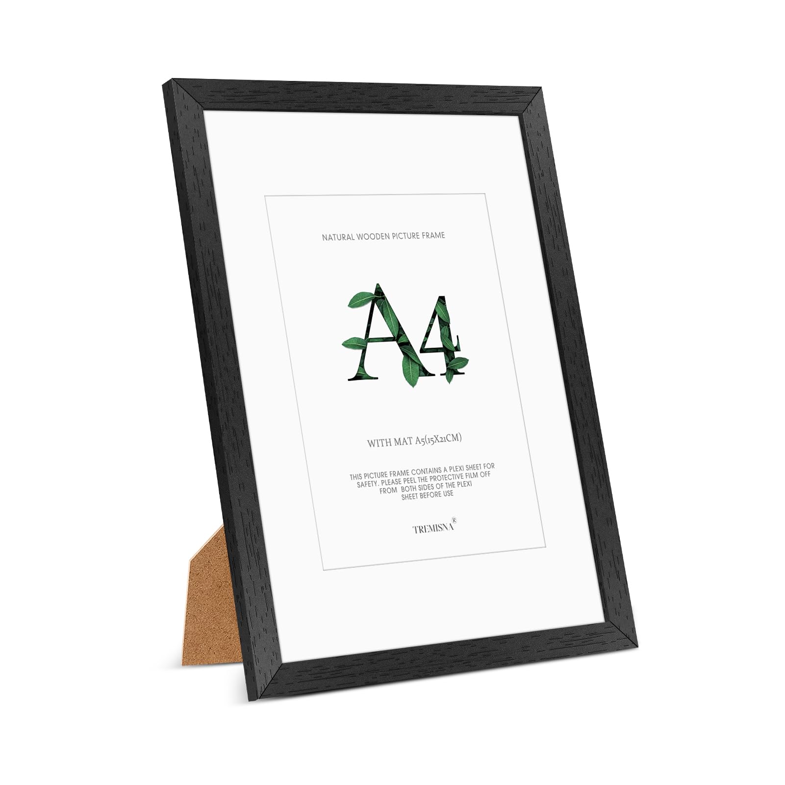 Tremisnaยฎ 1x A4(21x29.7cm) Black Wood Picture Frame โRemovable Mat for A5 (14.8x21cm) or A4 Without Mat, HD Perspex, Stand & Wall Hanging