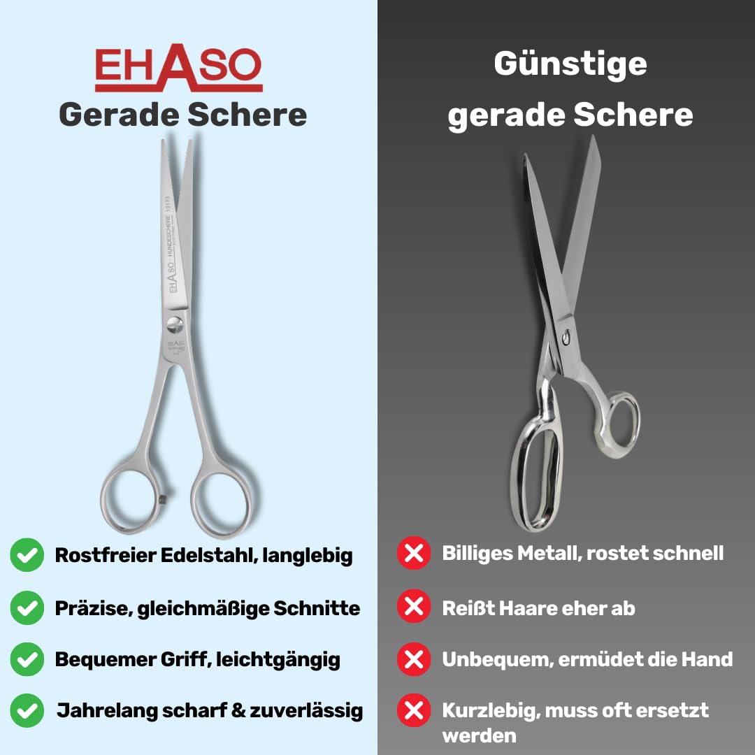 EHASO Hochwertige Gerade Hundeschere aus - Für langhaar & kurzhaar - 17 cm - Fellschere für Hunde & Katzen - Profischere für Jede Art von Fell direkt Solingen