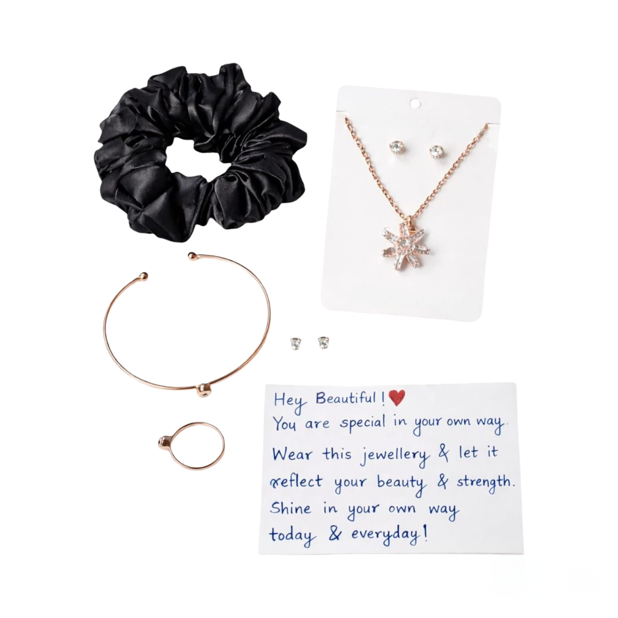 Rose Gold Coloured Jewellery Set for Women and Girls | Necklace with Crystal Pendant, Stud Earrings, Adjustable Bracelet, Ring & Satin Scrunchie (6 pieces, 1 unit) | Korean Design