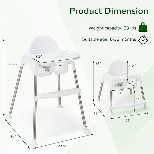 Miniatura 7 de HONEY JOY Silla alta para bebé, silla alta convertible 4 en 1 para bebés y niños pequeños, patas ajustables, bandeja extraíble doble y reposapiés,