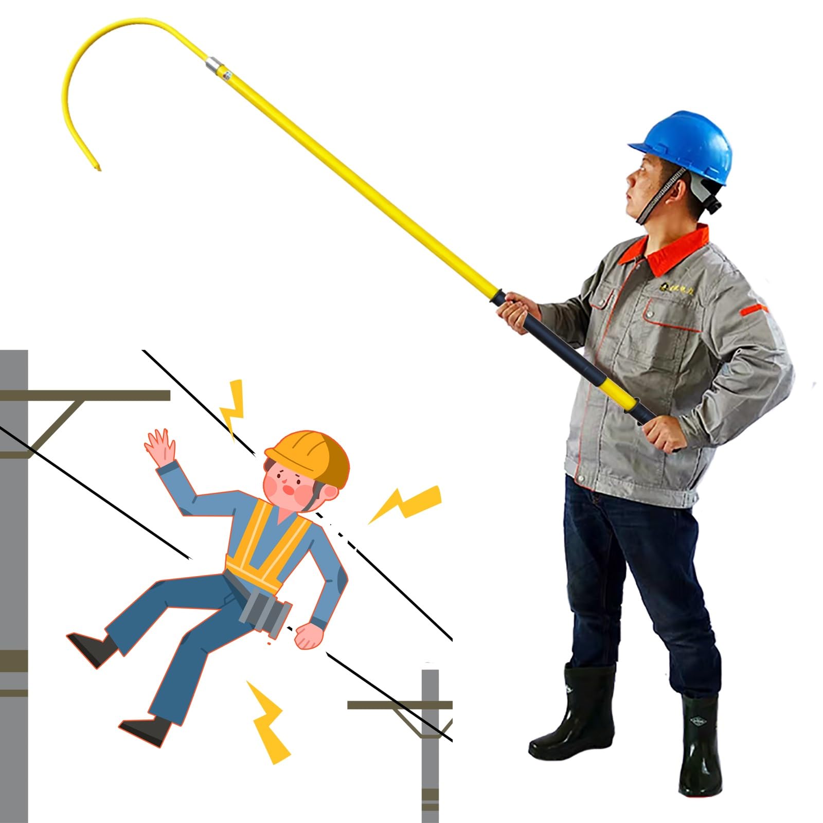 Safety Rescue Hook,High Voltage Insulated Rescue Hook-2M/6.5Ft Non-Conductive Emergency Pole, Electrical Safety Tool For Life-Saving, Safety And Defense In Critical Situations,Yellow,1.5m/4.9ft